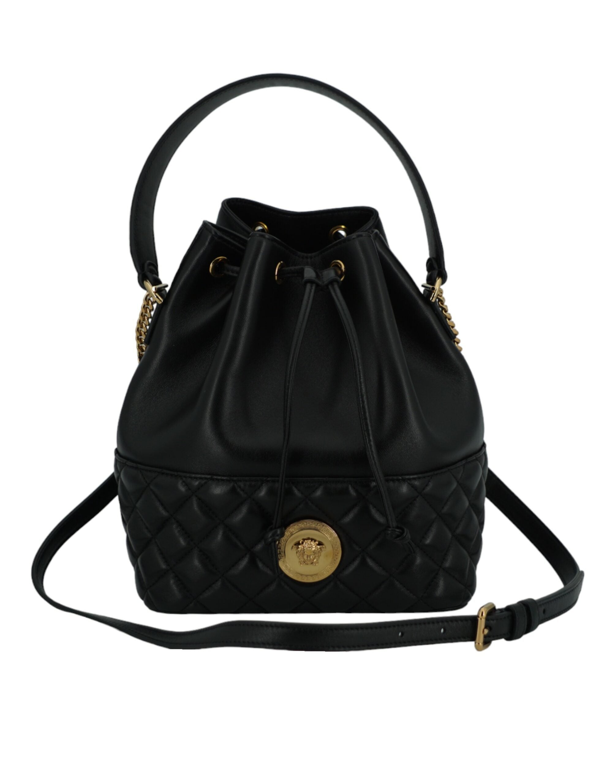 Elegant Black Leather Medusa Bucket Shoulder BagStep out in style with the exquisite Versace Bucket Shoulder Bag, a perfect blend of elegance and functionality. This beautiful accessory, complete with tags and a dust bag, is more than just a bag—it’s a st