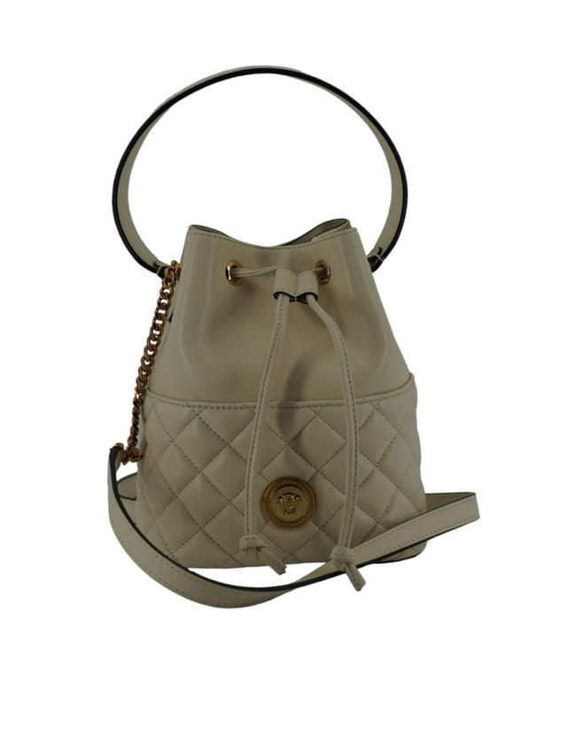 Elegant Small White Leather Bucket Shoulder BagStep out with elegance in this luxurious Versace Small Bucket Shoulder Bag, perfect for the fashion-forward individual. This beautiful bag, new with tags and comes with its own dustbag, showcases iconic Versa