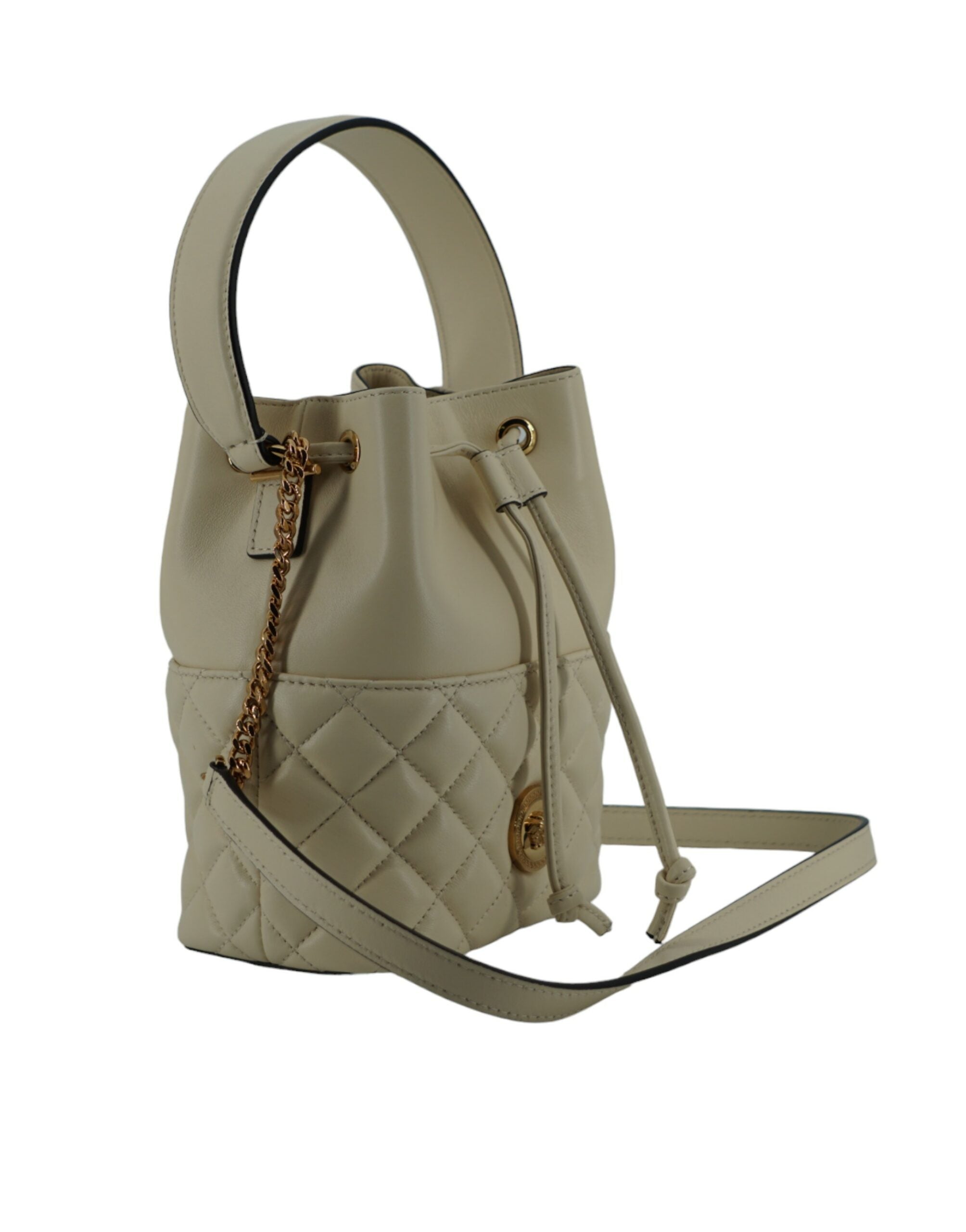 Elegant Small White Leather Bucket Shoulder BagStep out with elegance in this luxurious Versace Small Bucket Shoulder Bag, perfect for the fashion-forward individual. This beautiful bag, new with tags and comes with its own dustbag, showcases iconic Versa