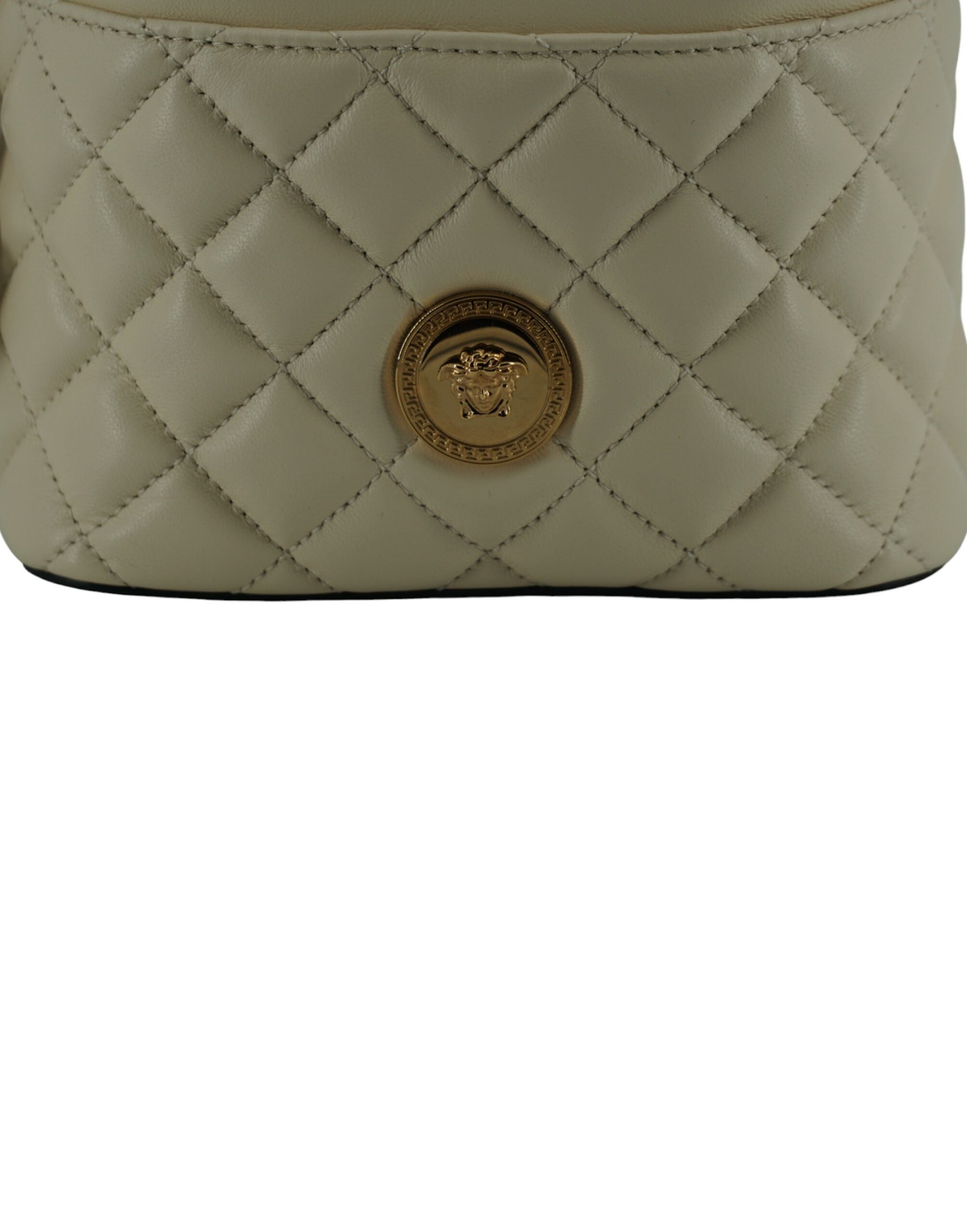 Elegant Small White Leather Bucket Shoulder BagStep out with elegance in this luxurious Versace Small Bucket Shoulder Bag, perfect for the fashion-forward individual. This beautiful bag, new with tags and comes with its own dustbag, showcases iconic Versa