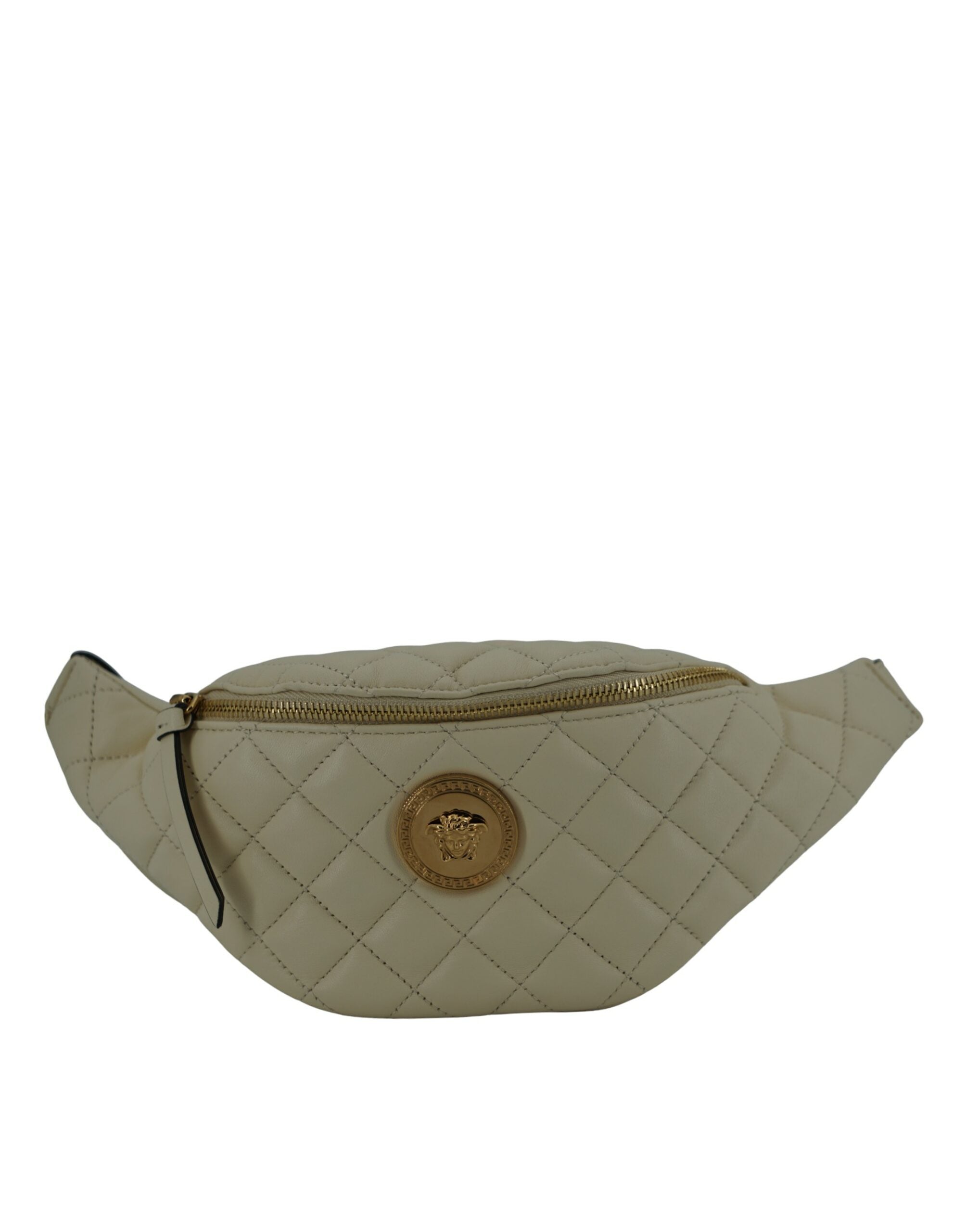 Elegant White Lamb Leather Belt BagIndulge in the epitome of luxury with this pristine white Belt Bag, a masterpiece from the renowned house of Versace. Expertly crafted from sumptuous 100% lamb leather, this brand new accessory is accompanied by tags and