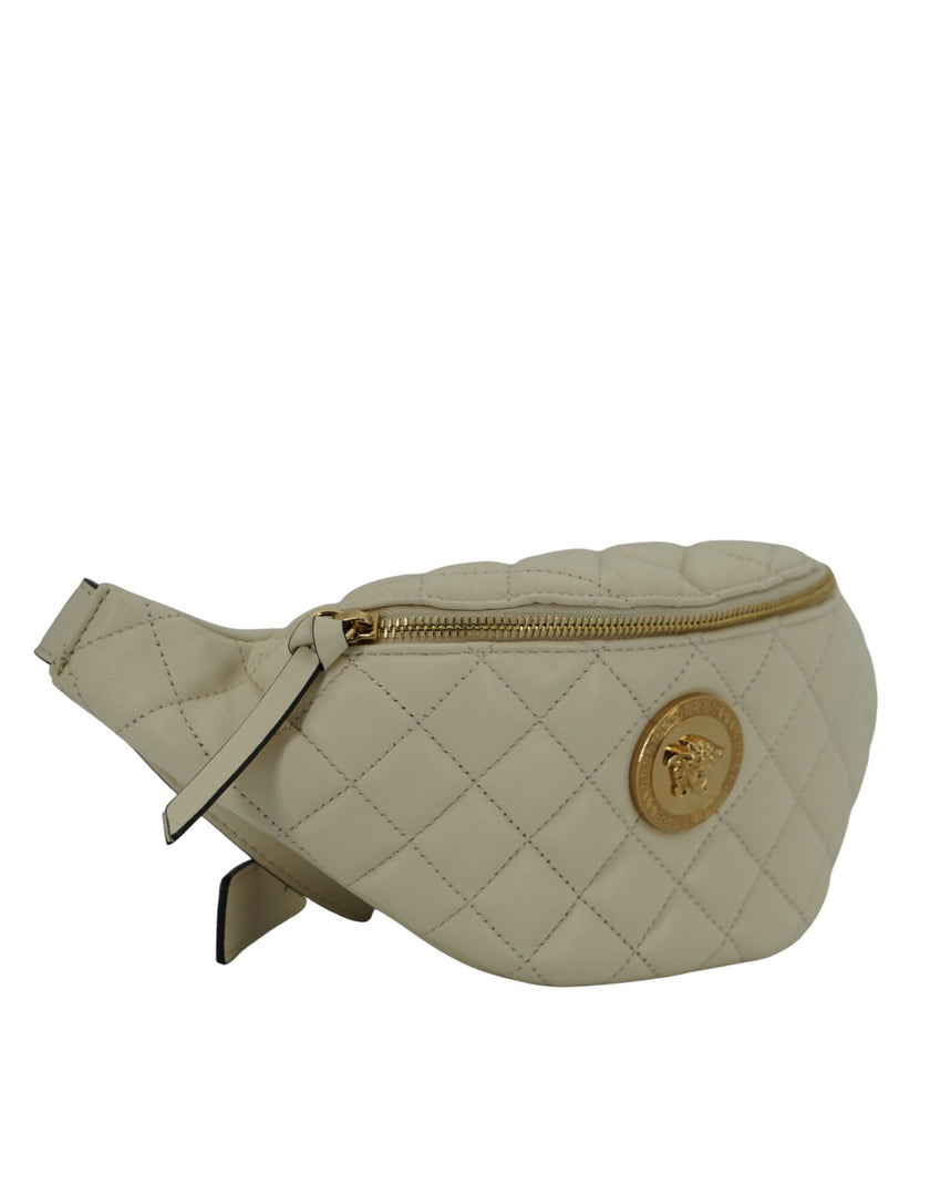 Elegant White Lamb Leather Belt BagIndulge in the epitome of luxury with this pristine white Belt Bag, a masterpiece from the renowned house of Versace. Expertly crafted from sumptuous 100% lamb leather, this brand new accessory is accompanied by tags and