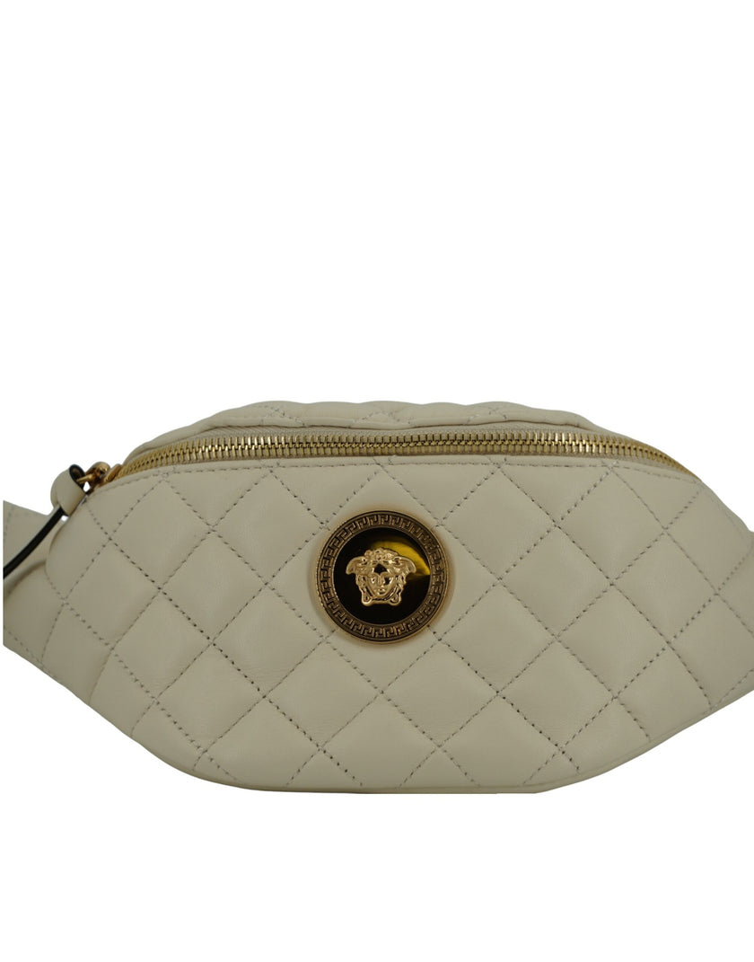 Elegant White Lamb Leather Belt BagIndulge in the epitome of luxury with this pristine white Belt Bag, a masterpiece from the renowned house of Versace. Expertly crafted from sumptuous 100% lamb leather, this brand new accessory is accompanied by tags and