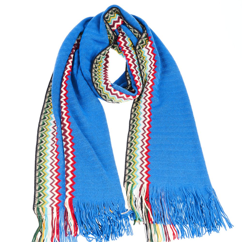 Blue Wool Men ScarfDrape yourself in the vibrant elegance of Missoni with this stunning Fringed Scarf. Boasting a captivating geometric pattern and a kaleidoscope of colors, this piece is a testament to the brand’s iconic aesthetic. Crafted in Italy from