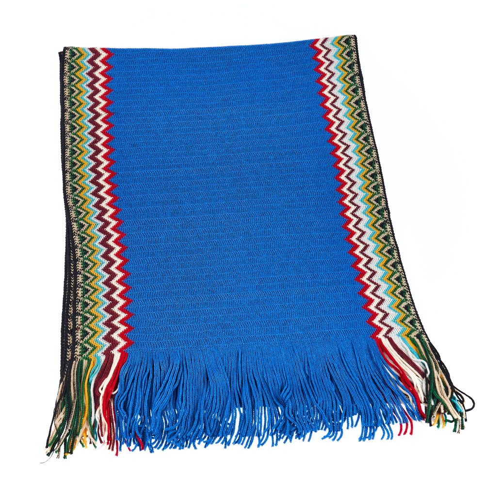 Blue Wool Men ScarfDrape yourself in the vibrant elegance of Missoni with this stunning Fringed Scarf. Boasting a captivating geometric pattern and a kaleidoscope of colors, this piece is a testament to the brand’s iconic aesthetic. Crafted in Italy from