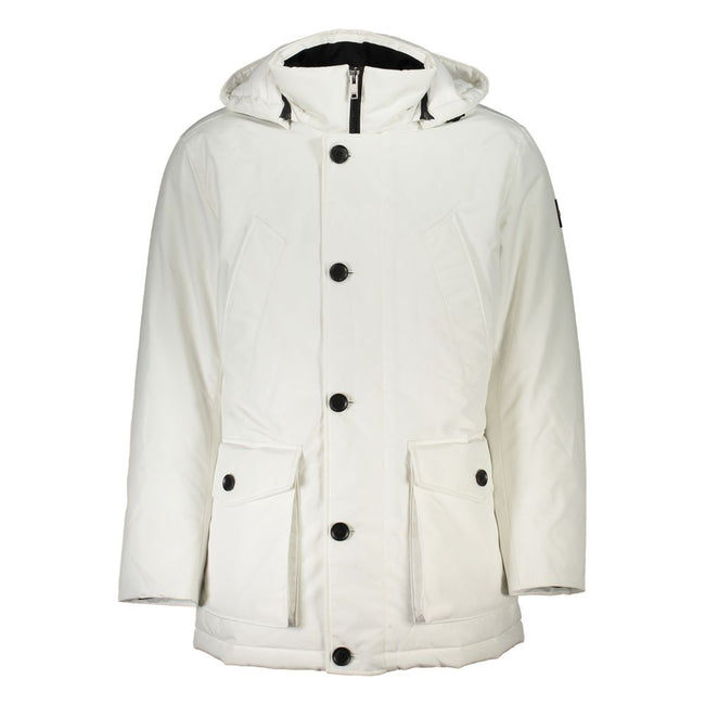 White Polyamide Men JacketElevate your outerwear game with the striking Hugo Boss OSIASS Jacket. This versatile piece marries functionality with the brand’s signature sleek aesthetic. Its removable hood and multitude of pockets make it a practical choice