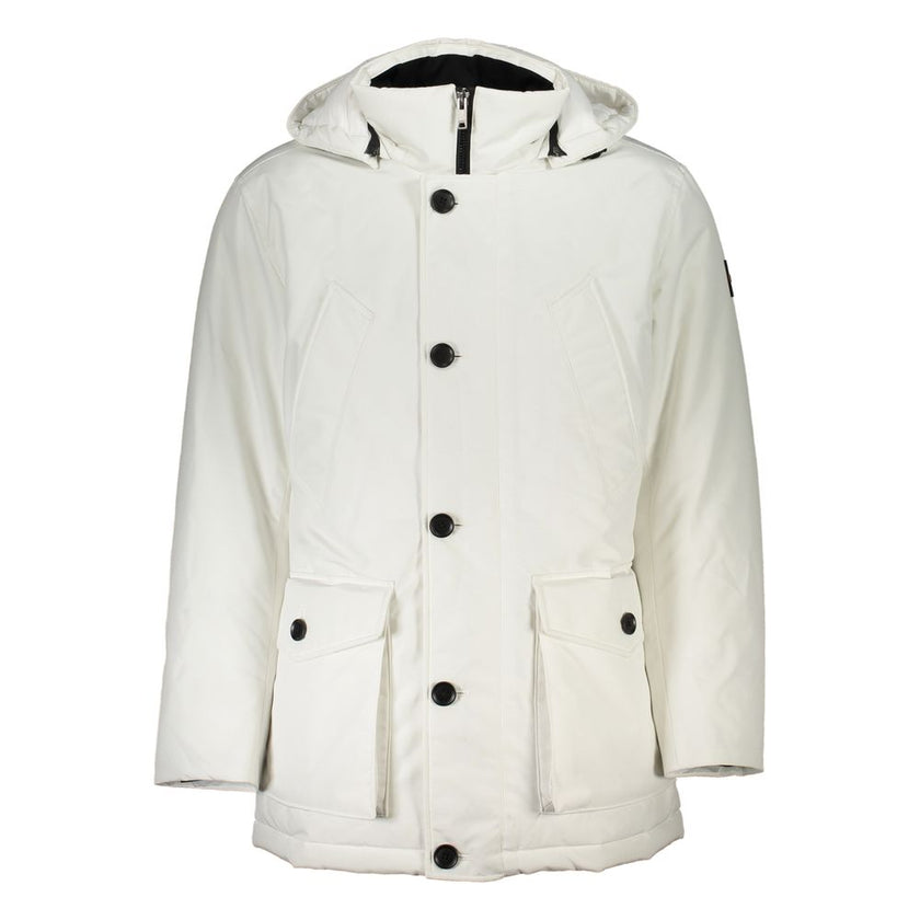White Polyamide Men JacketElevate your outerwear game with the striking Hugo Boss OSIASS Jacket. This versatile piece marries functionality with the brand’s signature sleek aesthetic. Its removable hood and multitude of pockets make it a practical choice