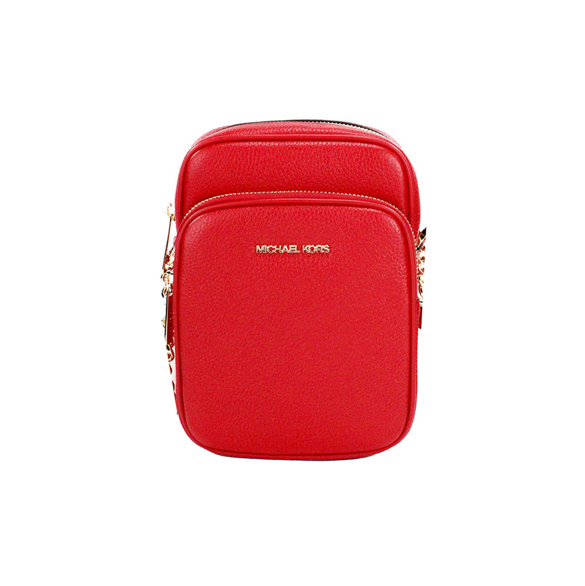 Jet Set Bright Red Pebbled Leather North South Chain Crossbody BagStyle: Michael Kors Jet Set Travel Medium North South Chain Crossbody Bag (Bright Red) Material: Pebbled Leather Features: Adjustable Chain Accented Crossbody Strap, Inner Slip Pocket, 3 In