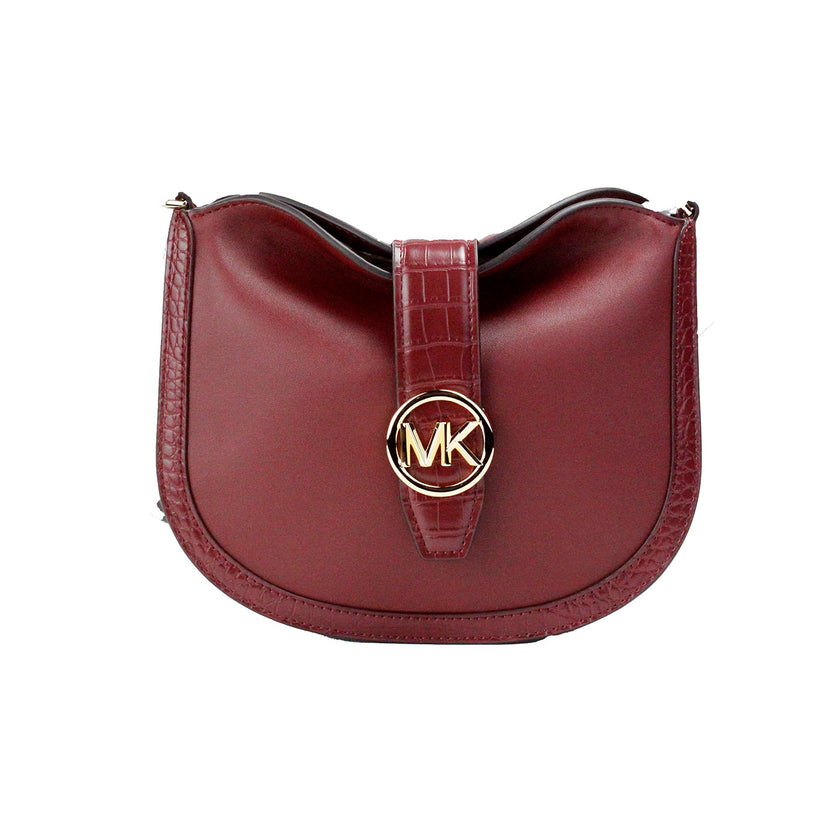 Gabby Small Dark Cherry Leather Foldover Hobo Crossbody BagStyle: Michael Kors Gabby Small Dark Cherry Foldover Hobo Crossbody Bag Material: Smooth and Embossed Leather Features: Adjustable Crossbody Strap, Zip Closure, Inner Pocket, Lined Measures: 22.86