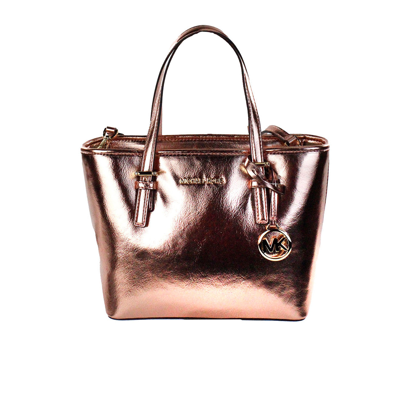 Jet Set Primrose Metallic XS Carryall Top Zip Tote Bag PurseStyle: Michael Kors Jet Set XS Carryall Top Zip Tote Bag (Primrose) Material: Metallic Smooth Leather Features: Interior Slip and Zip Pocket, Rear Exterior Slip Pocket, Dual Flat Handles Drop 5.5