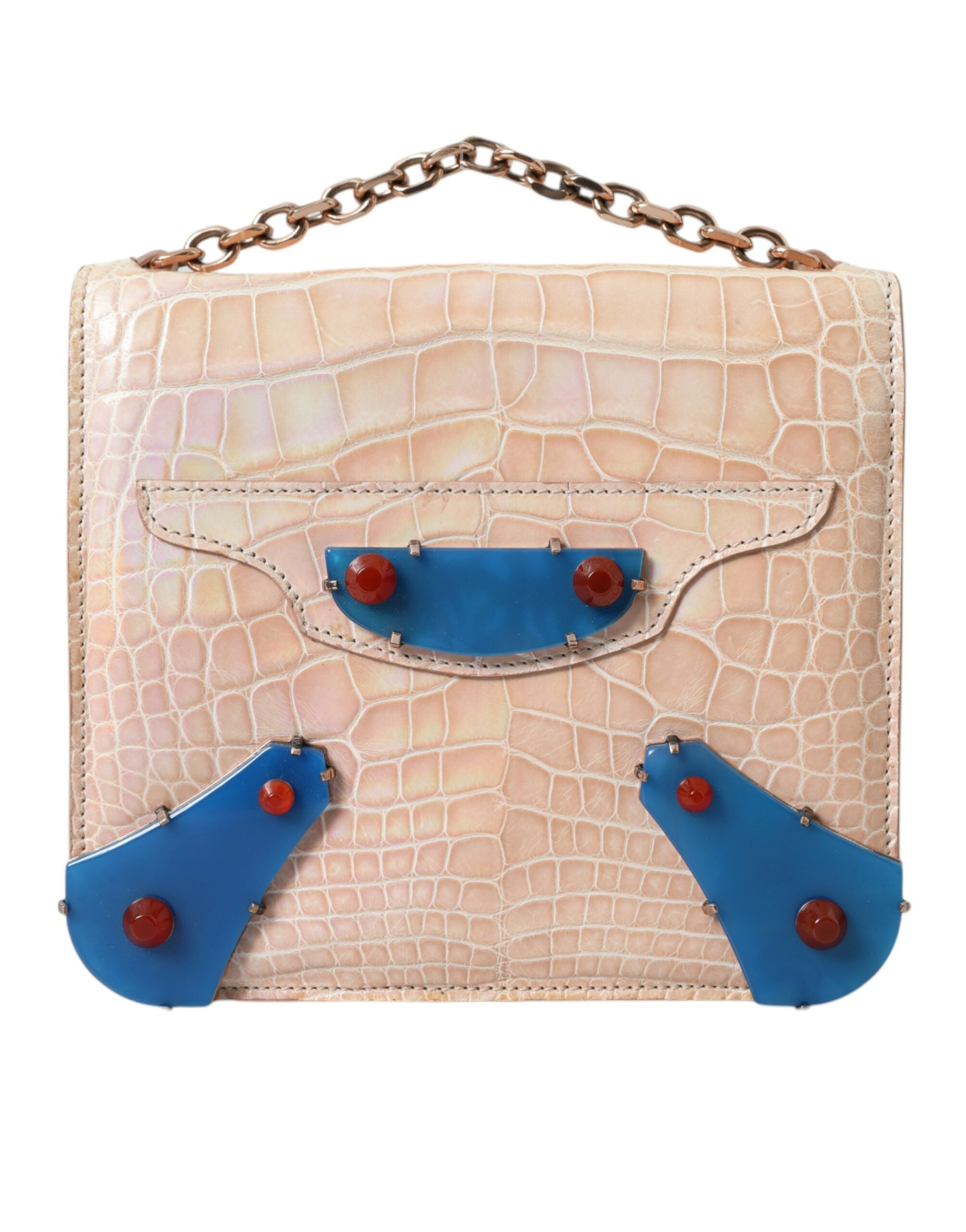 Beige Blue Agate Exotic Leather Gold Chain Purse BagBALENCIAGA Gorgeous brand new, 100% Authentic BALENCIAGA neo classic chain mini bag. Model: Handbag Material: 100% Crocodile Leather Color: Beige, Blue Strap: Chain strap Beige inner lining Magnet closur