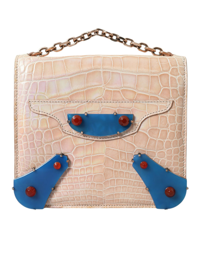 Beige Blue Agate Exotic Leather Gold Chain Purse BagBALENCIAGA Gorgeous brand new, 100% Authentic BALENCIAGA neo classic chain mini bag. Model: Handbag Material: 100% Crocodile Leather Color: Beige, Blue Strap: Chain strap Beige inner lining Magnet closur