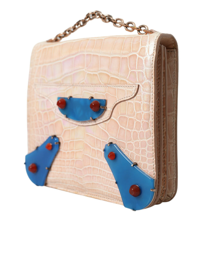 Beige Blue Agate Exotic Leather Gold Chain Purse BagBALENCIAGA Gorgeous brand new, 100% Authentic BALENCIAGA neo classic chain mini bag. Model: Handbag Material: 100% Crocodile Leather Color: Beige, Blue Strap: Chain strap Beige inner lining Magnet closur