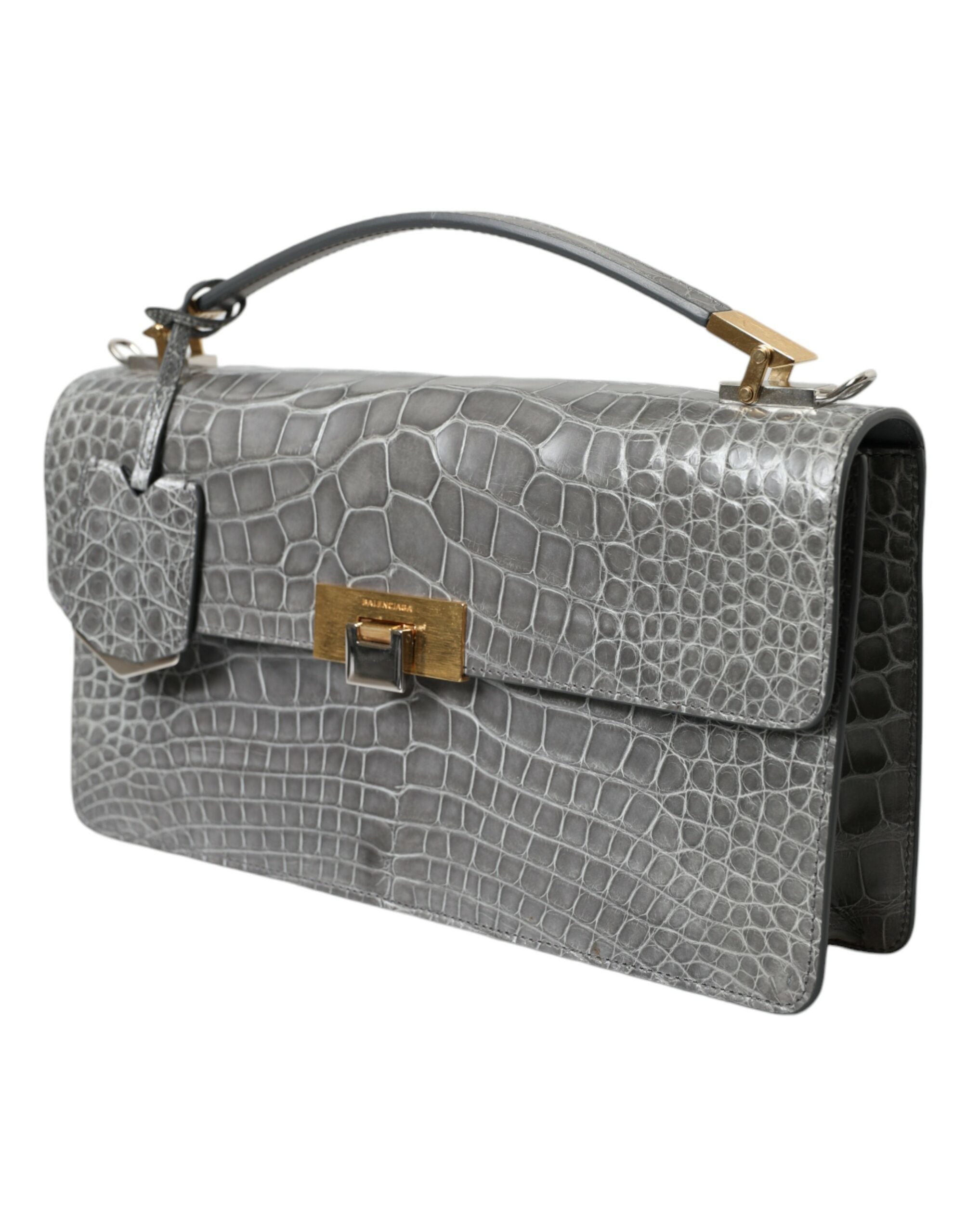 Gray Exotic Leather Medium Shoulder Hand Purse BagBALENCIAGA Gorgeous brand new, 100% Authentic BALENCIAGA alligator leather medium shoulder bag. Model: Hand shoulder, Le Dix Poch.Ca.St AJ Material: 100% Alligator Leather Colour: Grey Strap: One handle, d