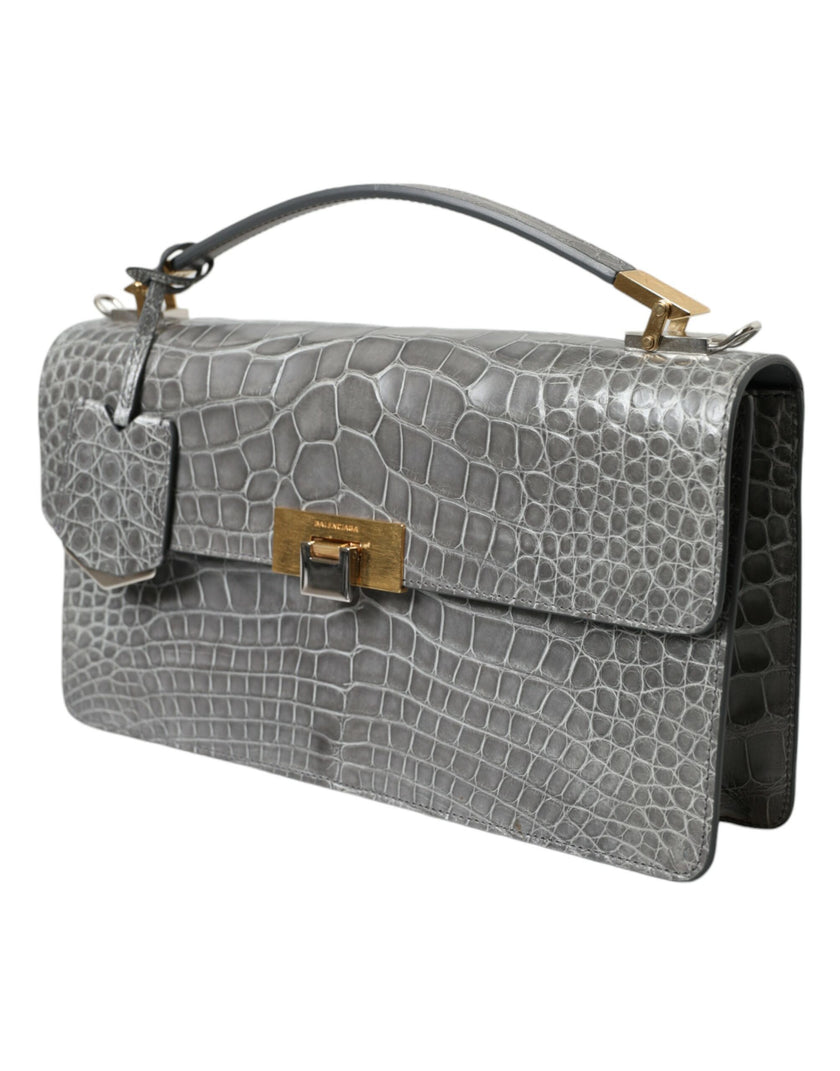Gray Exotic Leather Medium Shoulder Hand Purse BagBALENCIAGA Gorgeous brand new, 100% Authentic BALENCIAGA alligator leather medium shoulder bag. Model: Hand shoulder, Le Dix Poch.Ca.St AJ Material: 100% Alligator Leather Colour: Grey Strap: One handle, d