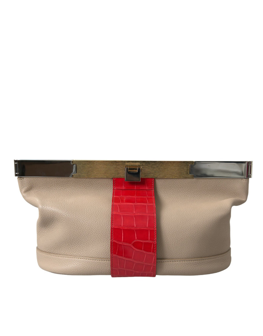 Beige Red Two Tone Exotic Leather Pouch BagBALENCIAGA Gorgeous brand new, 100% Authentic BALENCIAGA two tone alligator and calf leather pouch bag. Model: Handbag clutch purse Material: Leather and Alligator skin Color: Beige, Red Black inner lining Logo d