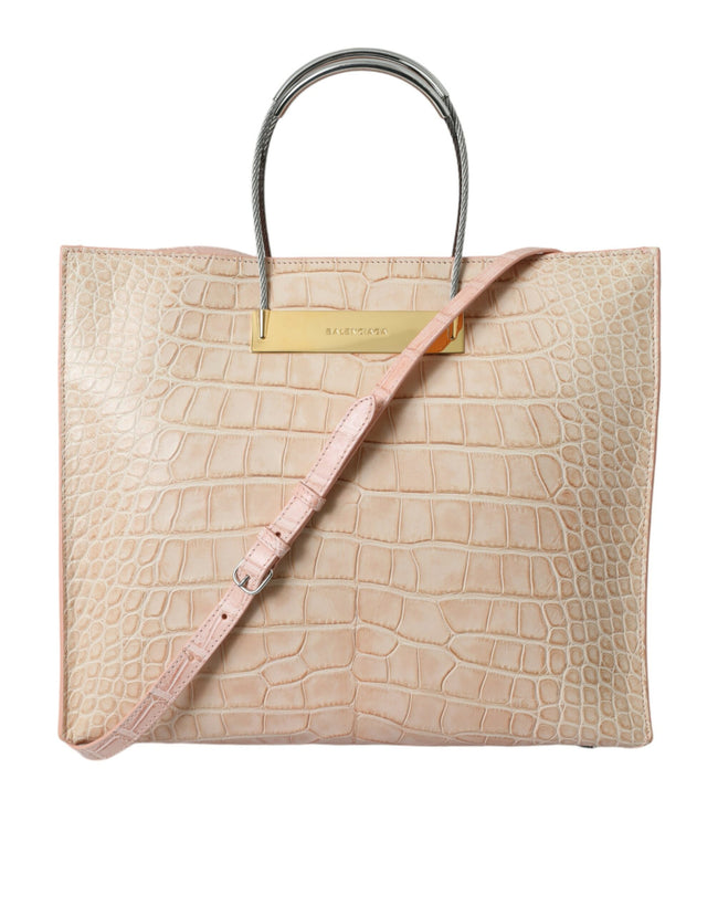 Pink Exotic Leather Embossed Cable Handle Shopper Tote BagBALENCIAGA Gorgeous brand new, 100% Authentic BALENCIAGA shopper tote. Crafted from alligator skin, this open-top style comes fitted with two sleek top handles, and the interior comes with leather