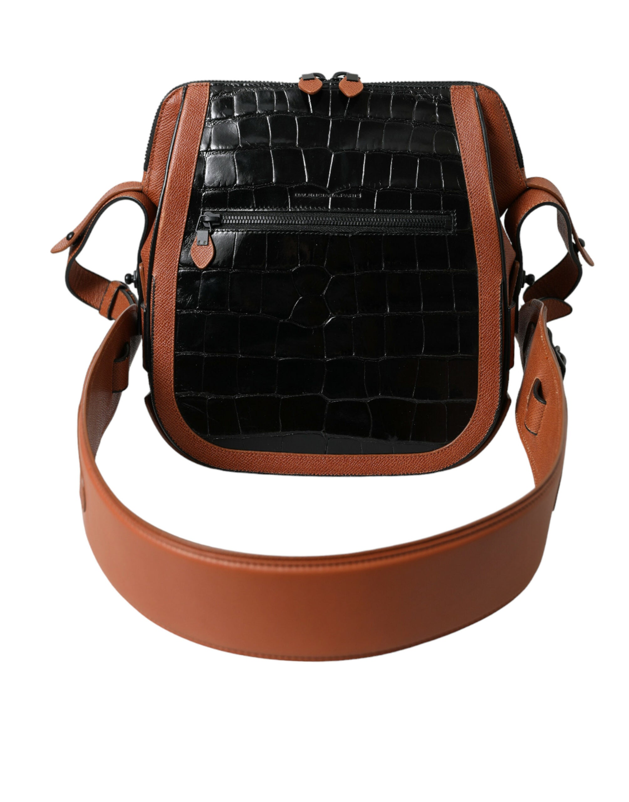 Schwarze Umhängetasche aus braunem Leder mit exotischen Details
