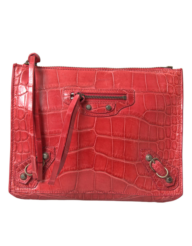 Red Exotic Skin Leather Classic Pouch Purse Wristlet BagBALENCIAGA Absolutely stunning, 100% Authentic, brand new with tags BALENCIAGA exotic pouch bag. Model: Pouch, Balenciaga Paper Postcard, clutch Color: Red Material: 100% Alligatorskin Leather Zipper