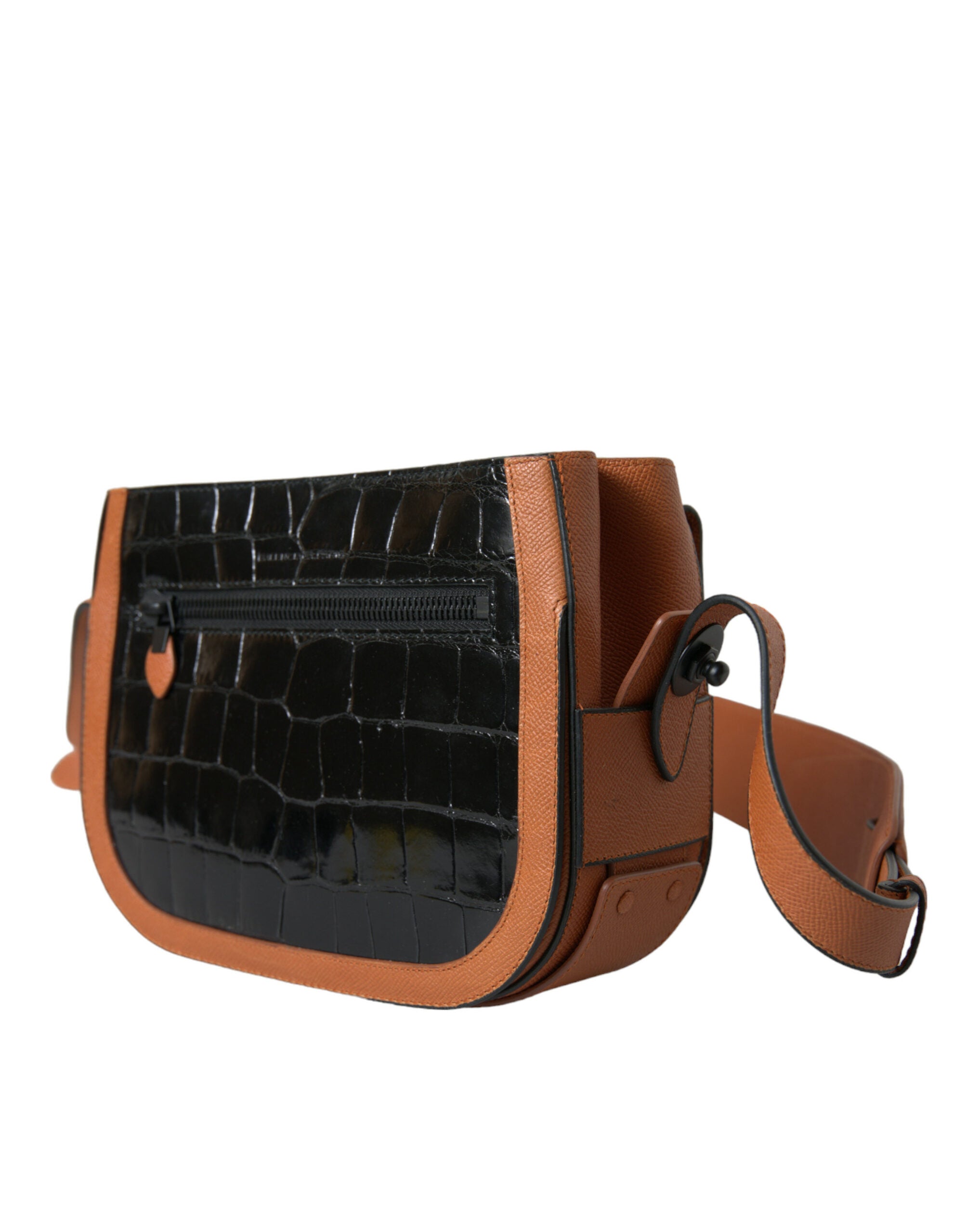 Black Brown Leather Shoulder Camera Bag with Exotic Detail