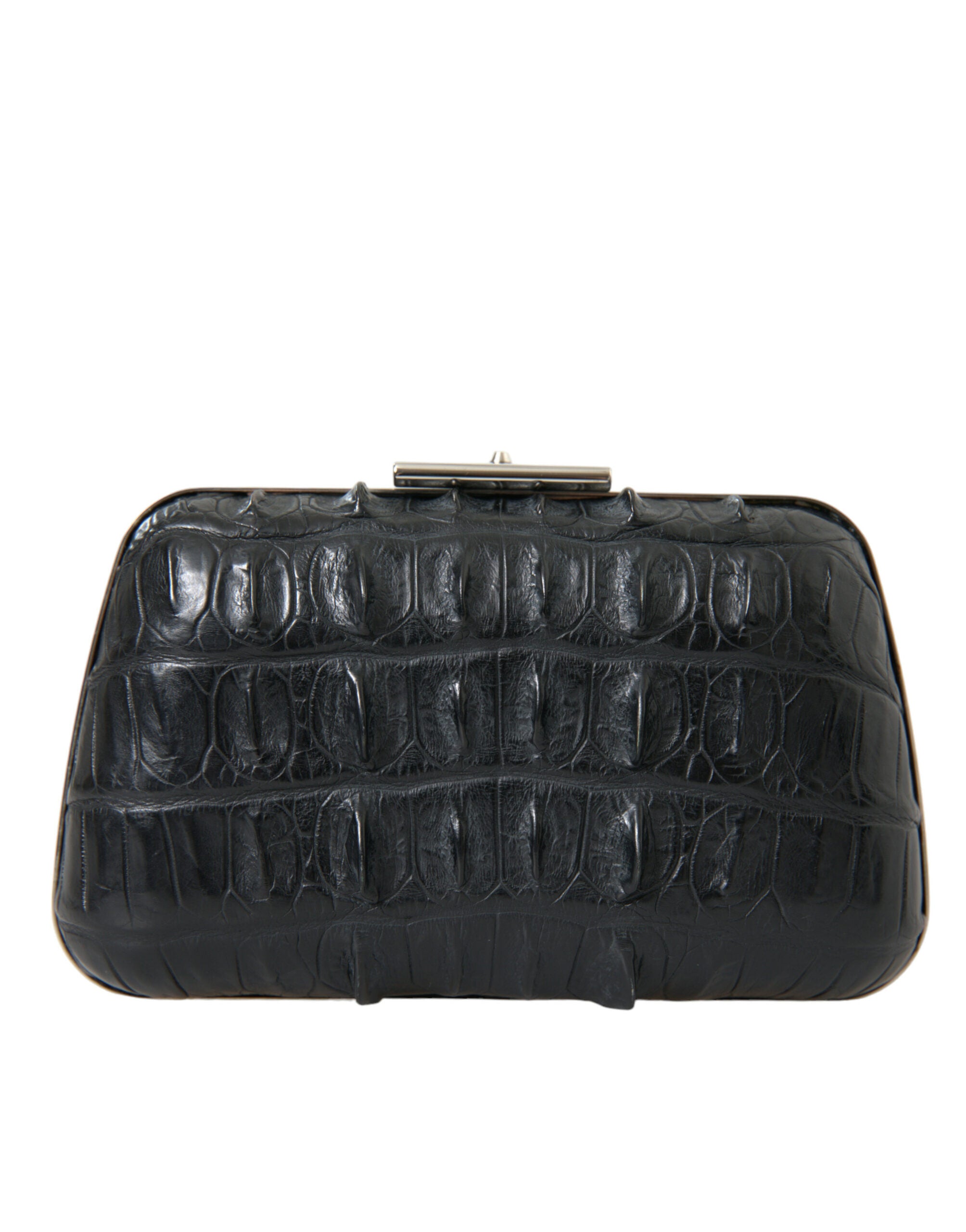Black Leather Crocodile Skin Crossbody Clutch Bag