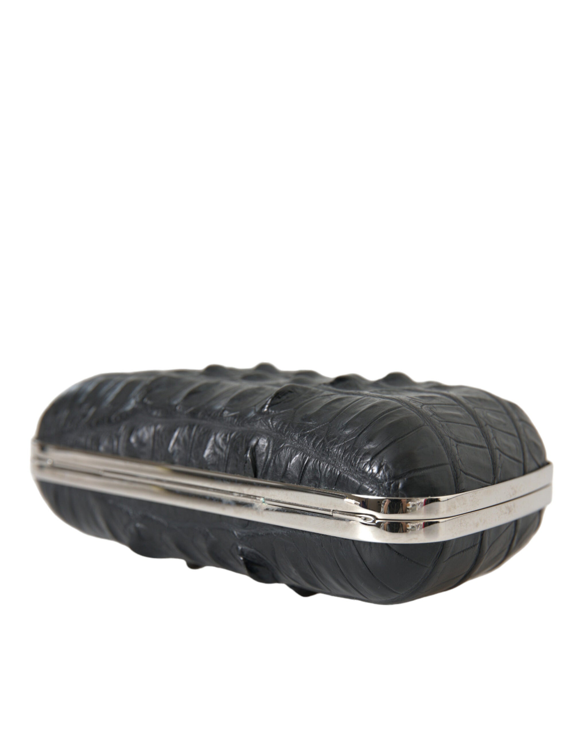 Black Leather Crocodile Skin Crossbody Clutch Bag