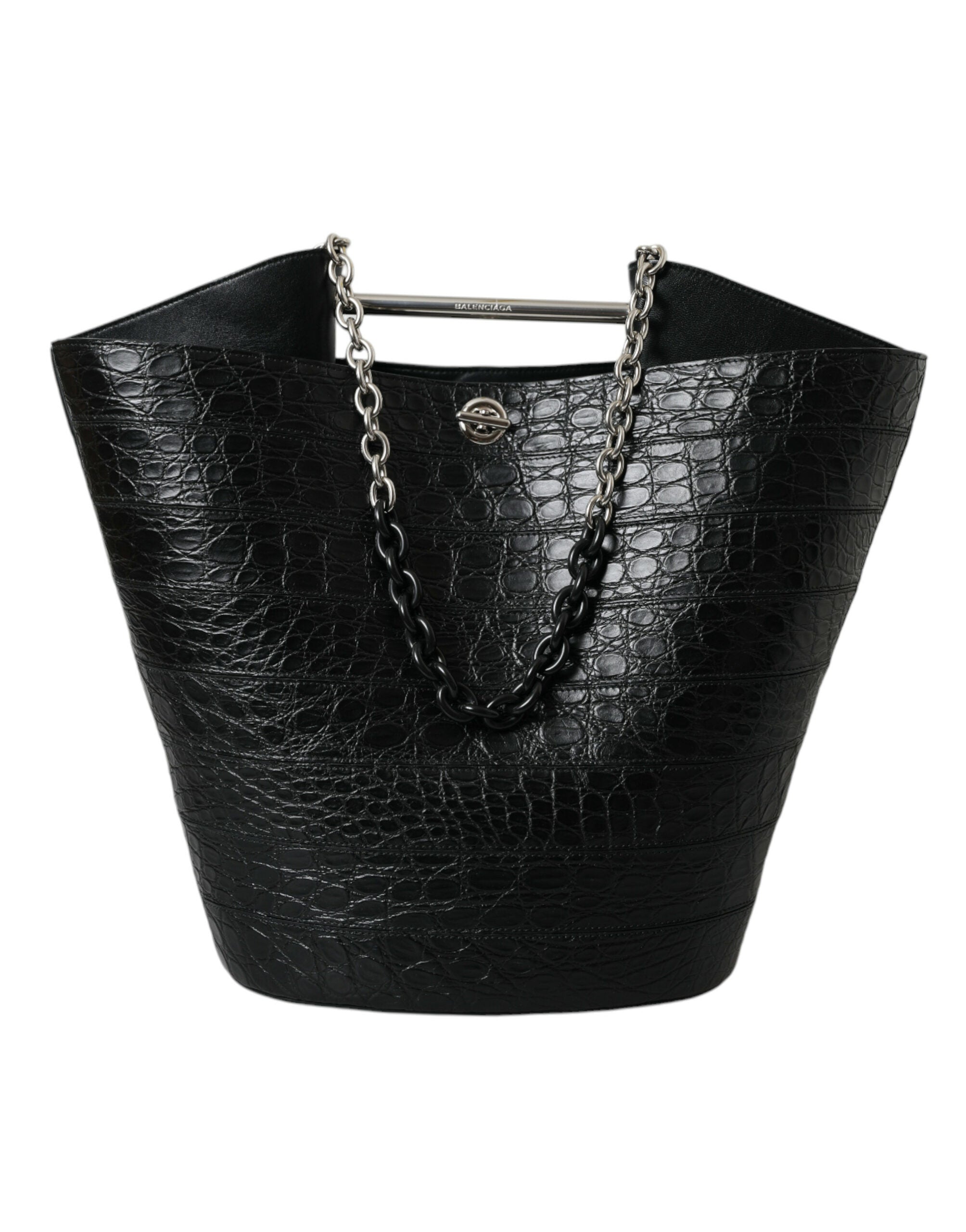 Black Exotic Skin Leather Maxi Bucket Tote Purse BagBALENCIAGA Absolutely stunning, 100% Authentic, brand new with tags BALENCIAGA black crocodile leather maxi bucket bag. Model: Maxi bucket bag Colour: Black Material: 75% Crocodile 15% Lamb Leather 10% C