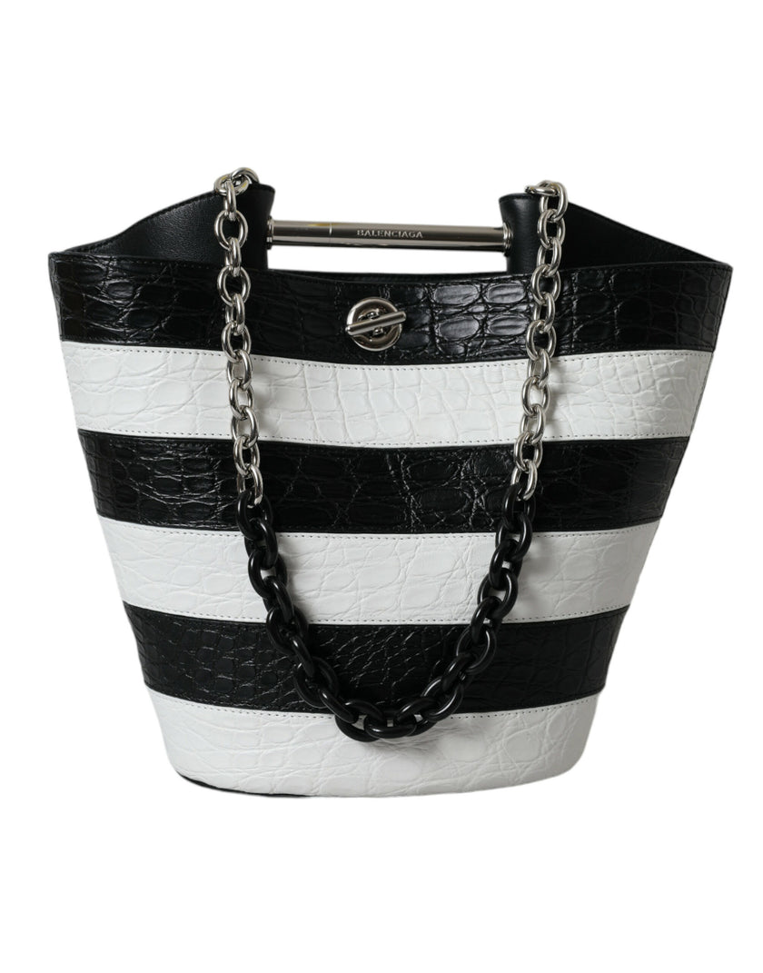 Black White Striped Exotic Skin Leather Maxi Bucket Tote BagBALENCIAGA Absolutely stunning, 100% Authentic, brand new with tags BALENCIAGA crocodile leather maxi bucket bag. Model: Bucket bag Color: Black, White Material: 75% Crocodile 15% Lamb Leather 10