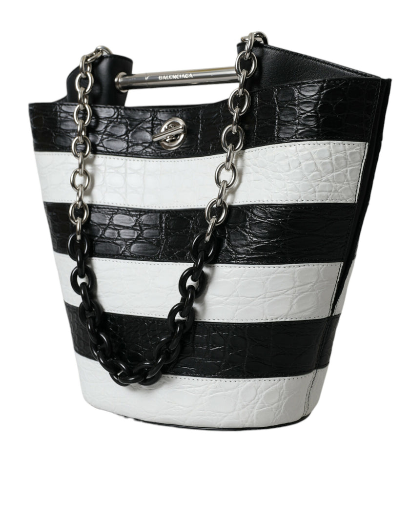 Black White Striped Exotic Skin Leather Maxi Bucket Tote BagBALENCIAGA Absolutely stunning, 100% Authentic, brand new with tags BALENCIAGA crocodile leather maxi bucket bag. Model: Bucket bag Color: Black, White Material: 75% Crocodile 15% Lamb Leather 10