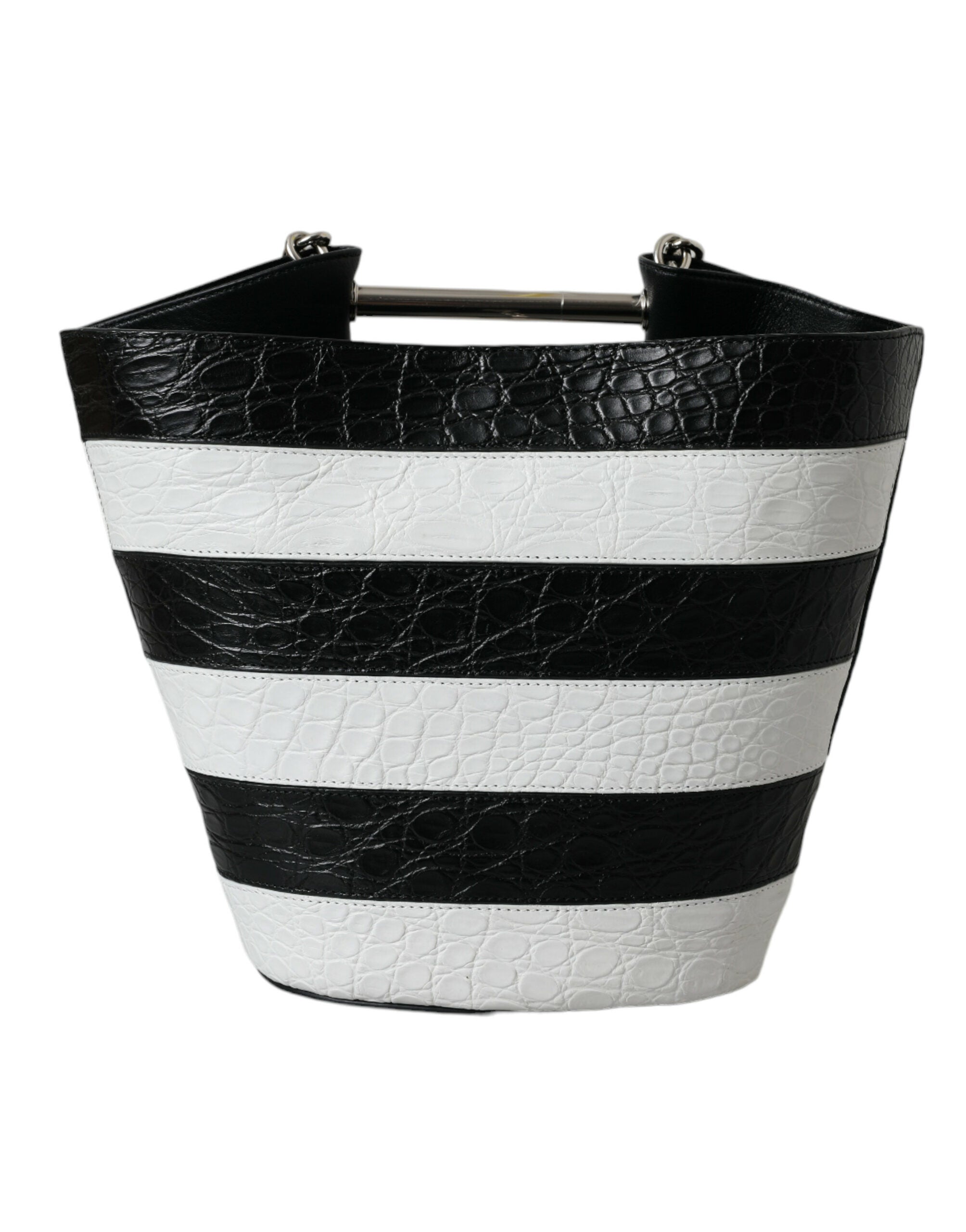 Black White Striped Exotic Skin Leather Maxi Bucket Tote BagBALENCIAGA Absolutely stunning, 100% Authentic, brand new with tags BALENCIAGA crocodile leather maxi bucket bag. Model: Bucket bag Color: Black, White Material: 75% Crocodile 15% Lamb Leather 10