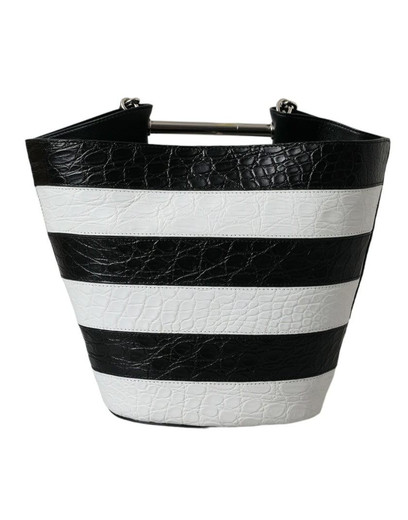 Black White Striped Exotic Skin Leather Maxi Bucket Tote BagBALENCIAGA Absolutely stunning, 100% Authentic, brand new with tags BALENCIAGA crocodile leather maxi bucket bag. Model: Bucket bag Color: Black, White Material: 75% Crocodile 15% Lamb Leather 10