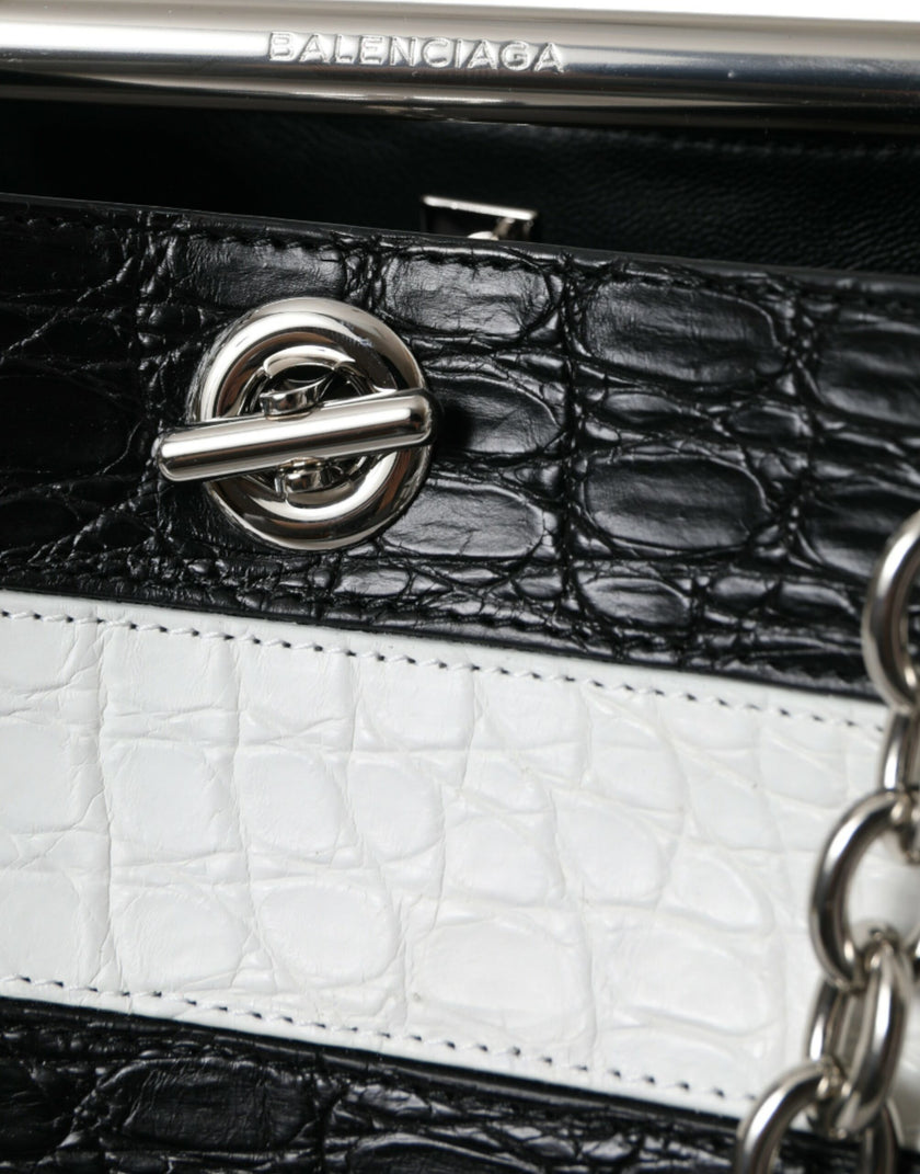 Black White Striped Exotic Skin Leather Maxi Bucket Tote BagBALENCIAGA Absolutely stunning, 100% Authentic, brand new with tags BALENCIAGA crocodile leather maxi bucket bag. Model: Bucket bag Color: Black, White Material: 75% Crocodile 15% Lamb Leather 10