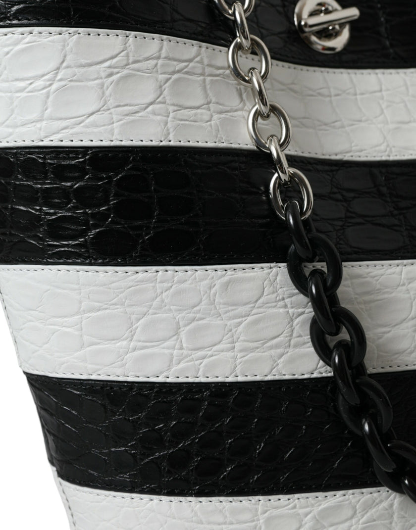 Black White Striped Exotic Skin Leather Maxi Bucket Tote BagBALENCIAGA Absolutely stunning, 100% Authentic, brand new with tags BALENCIAGA crocodile leather maxi bucket bag. Model: Bucket bag Color: Black, White Material: 75% Crocodile 15% Lamb Leather 10
