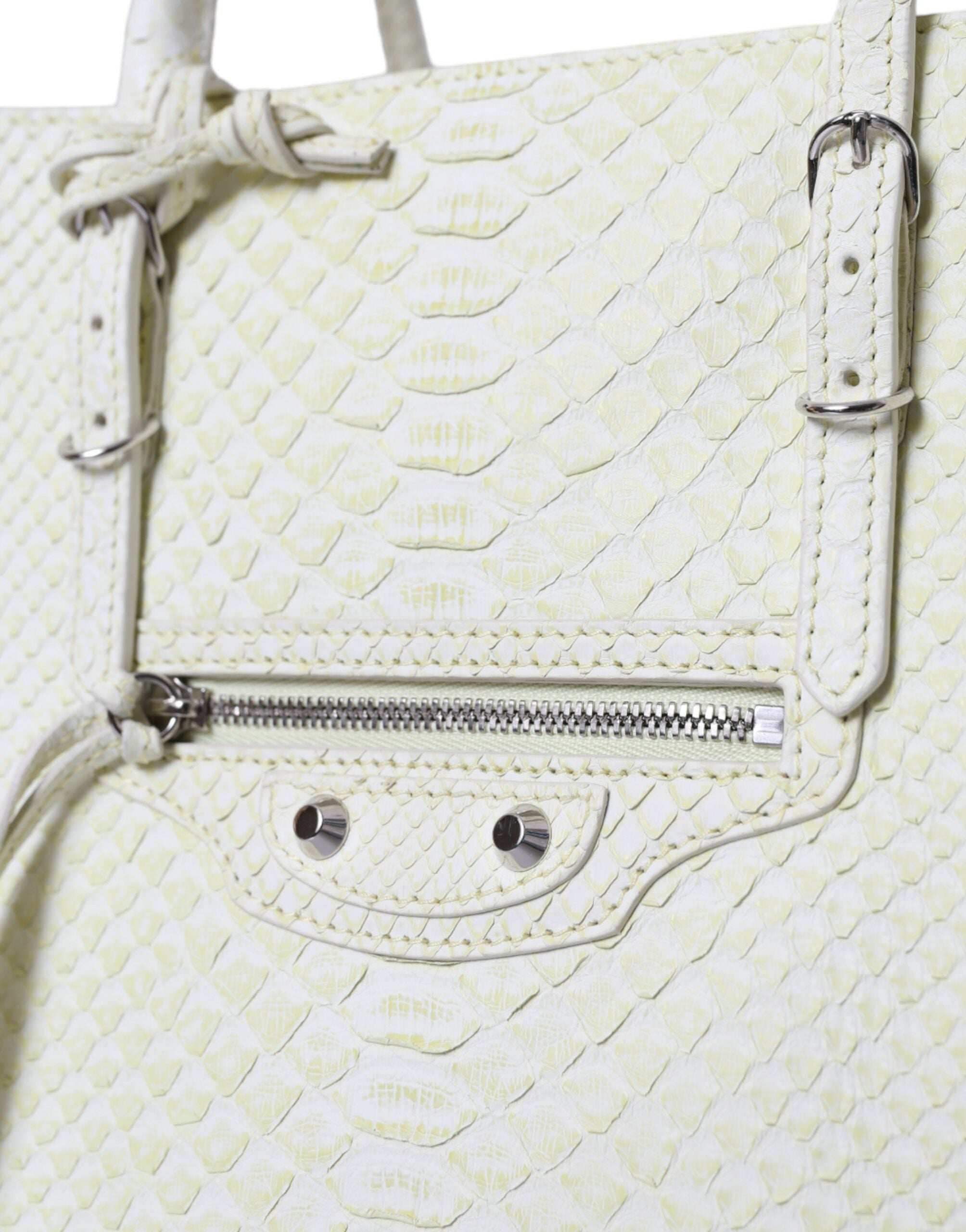 White Yellow Exotic Skin Leather Shopping Tote PAPIER BagBALENCIAGA Absolutely stunning, 100% Authentic, brand new with tags BALENCIAGA papier A4 classic studs bag, crafted in genuine python, features dual rolled slim handles, front zip pocket, studs and