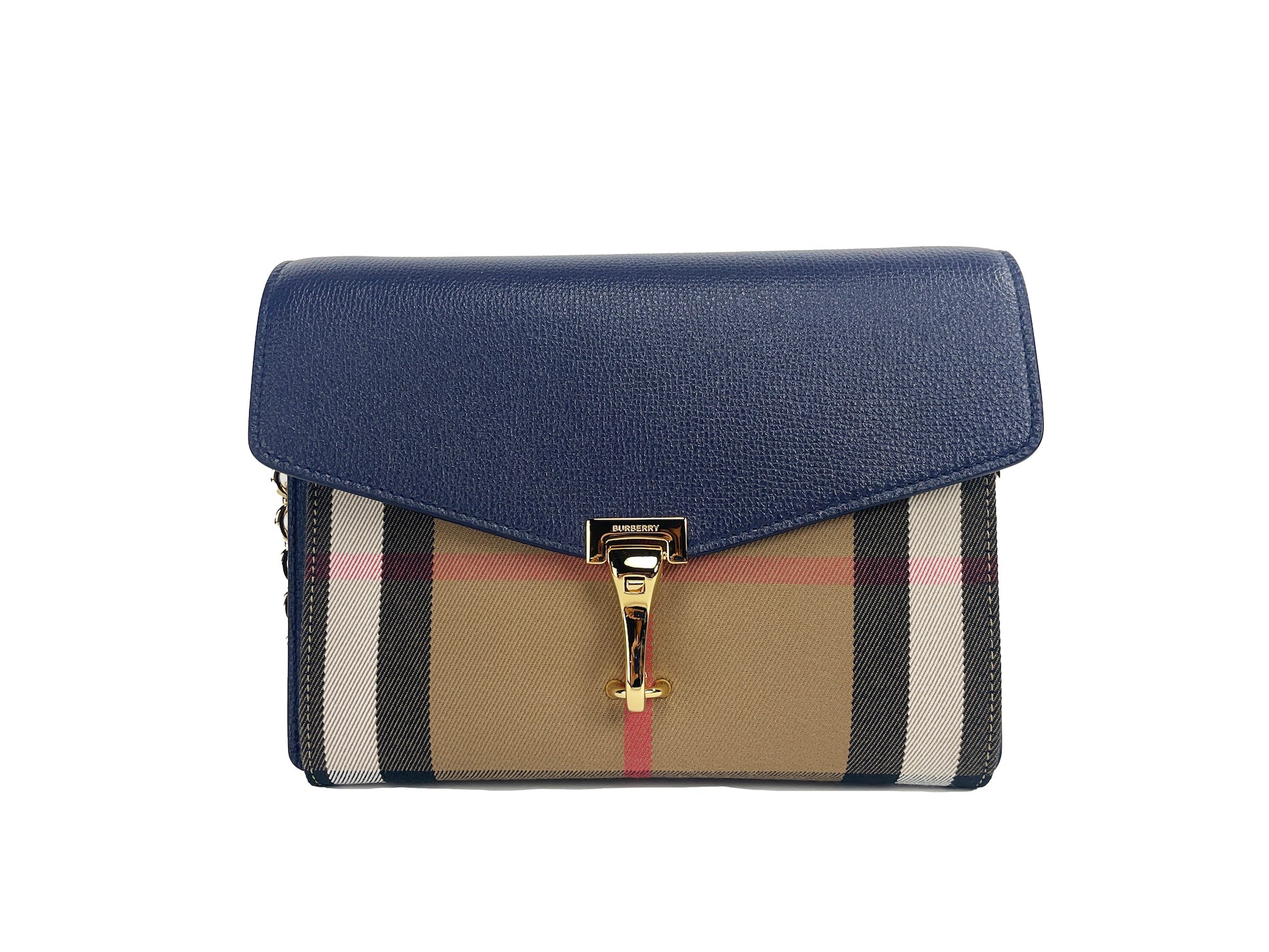 Macken Small Regency Blue House Check Leather Crossbody BagStyle: Burberry Small Macken Regency Blue Bag Material: Canvas / Leather Features: Check Print, Gold hardware, Regency Blue, Interior Zip Pocket Measures: 18cm H x 24cm W x 8cm DMacken Small Regen
