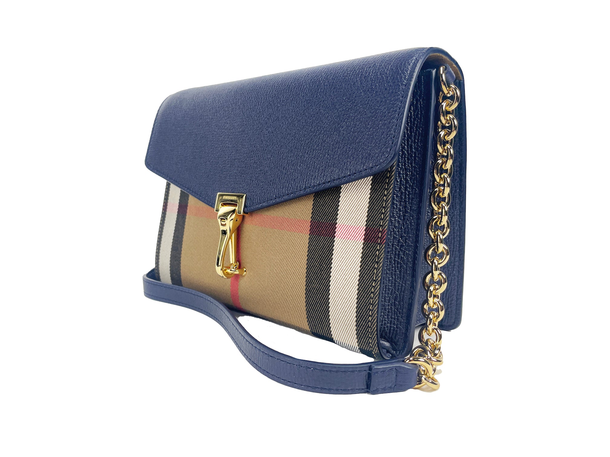 Macken Small Regency Blue House Check Leather Crossbody BagStyle: Burberry Small Macken Regency Blue Bag Material: Canvas / Leather Features: Check Print, Gold hardware, Regency Blue, Interior Zip Pocket Measures: 18cm H x 24cm W x 8cm DMacken Small Regen