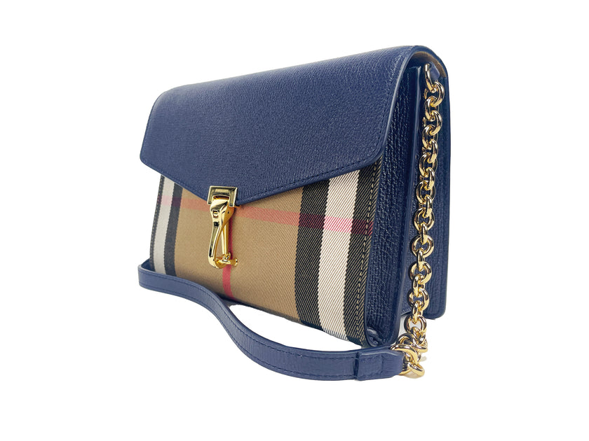 Macken Small Regency Blue House Check Leather Crossbody BagStyle: Burberry Small Macken Regency Blue Bag Material: Canvas / Leather Features: Check Print, Gold hardware, Regency Blue, Interior Zip Pocket Measures: 18cm H x 24cm W x 8cm DMacken Small Regen