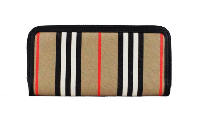 Ellerby Black Leather Icon Stripe Canvas Zip Around Continental WalletStyle: Burberry Ellerby Black Icon Stripe Zip Around Continental Wallet Material: Leather and Canvas Features: 6 Card Slots, Inner Zip Compartment, Bill Slots, Zip Around Closure Measur