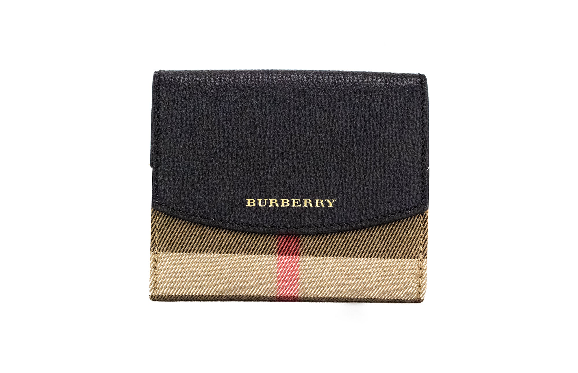Luna Black Grained Leather House Check Canvas Coin Pouch Snap WalletStyle: Burberry Luna House Check Pouch Wallet (Black) Material: Grained Leather and House Check Canvas Features: Snap Closures, Coin Pouch, 6 Card Slots, Bill Slot, 2 Note Compartments Me