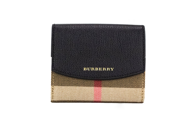 Luna Black Grained Leather House Check Canvas Coin Pouch Snap WalletStyle: Burberry Luna House Check Pouch Wallet (Black) Material: Grained Leather and House Check Canvas Features: Snap Closures, Coin Pouch, 6 Card Slots, Bill Slot, 2 Note Compartments Me