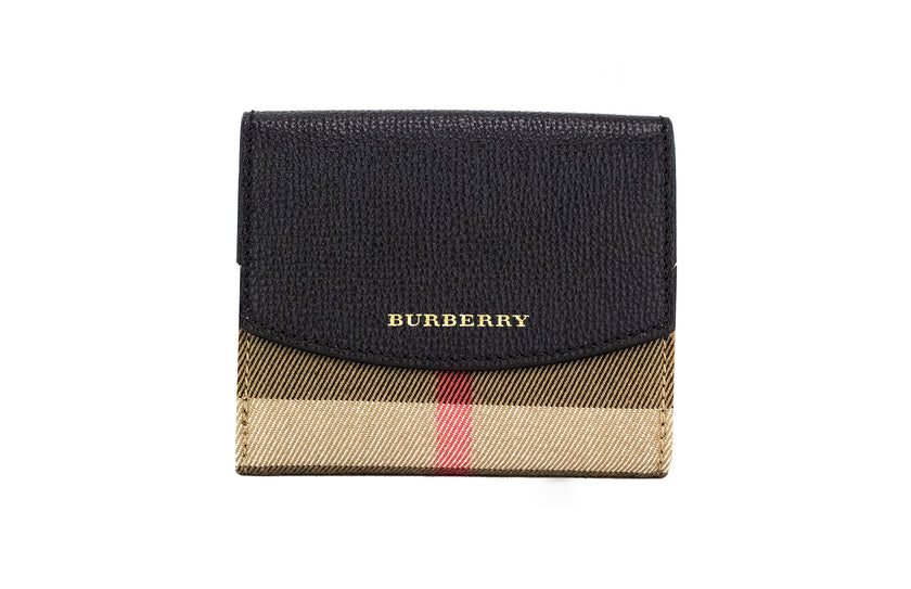 Luna Black Grained Leather House Check Canvas Coin Pouch Snap WalletStyle: Burberry Luna House Check Pouch Wallet (Black) Material: Grained Leather and House Check Canvas Features: Snap Closures, Coin Pouch, 6 Card Slots, Bill Slot, 2 Note Compartments Me