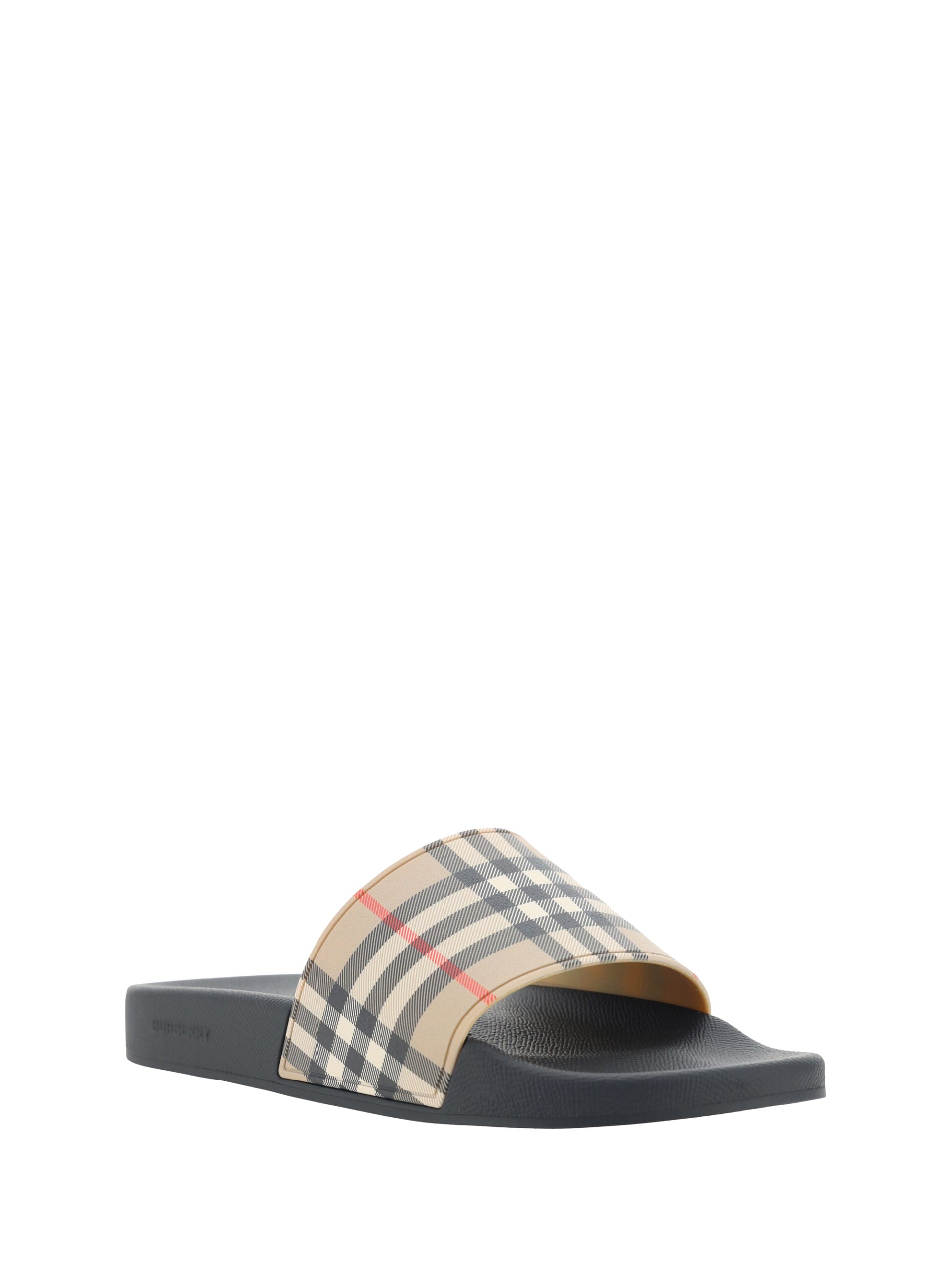 Brown Rubber Slides SandalsSandals by Burberry, wide front strap with the brand’s iconic Archivio Check pattern, flat sole, round toe, logo-embossed insole. Model: 8056942_A7028 Color: Archive Beige Brown Material: Rubber 100% Polyurethane 100% Season: SS