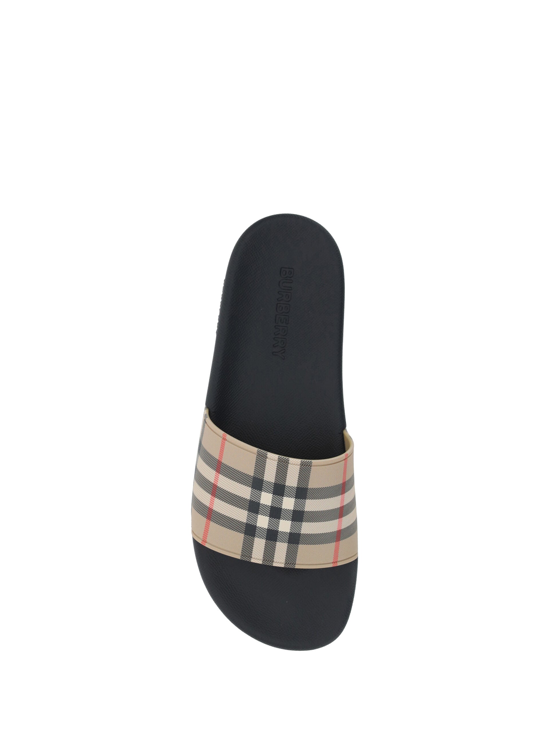 Brown Rubber Slides SandalsSandals by Burberry, wide front strap with the brand’s iconic Archivio Check pattern, flat sole, round toe, logo-embossed insole. Model: 8056942_A7028 Color: Archive Beige Brown Material: Rubber 100% Polyurethane 100% Season: SS