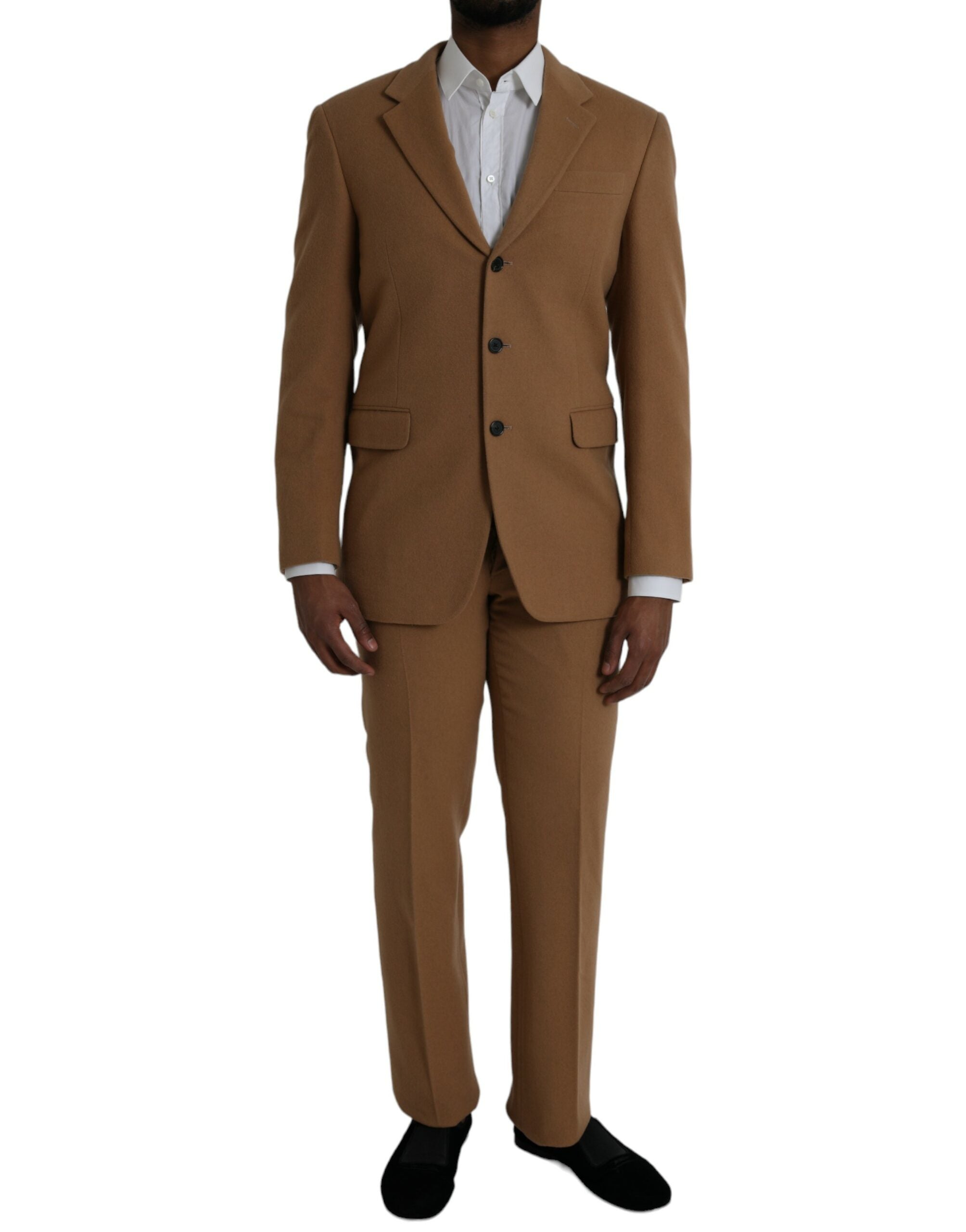 Costume deux pièces en cachemire marron à simple boutonnage
