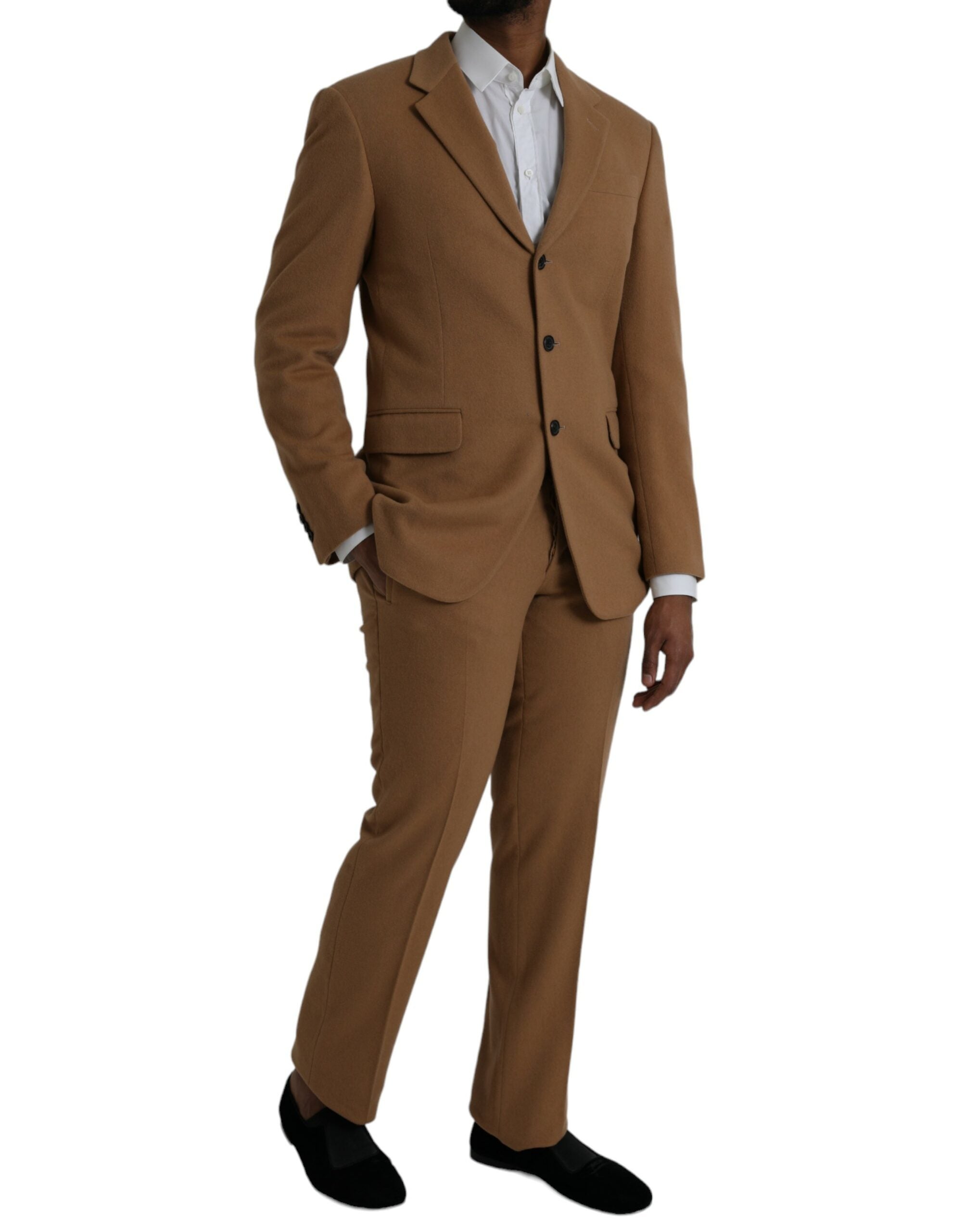 Brown Cashmere 2 Piece Single Breasted SuitPRADA Absolutely stunning, 100% Authentic, brand new with tags PRADA three button single breasted slim fit 2 piece suit. Colour: Brown Style: Single breasted 2 piece suit; includes blazer and pants Closure: Three