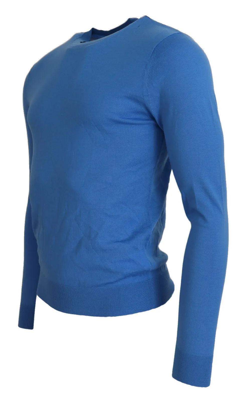 Blauer Crewneck Pullover aus Wolle mit langen Ärmeln