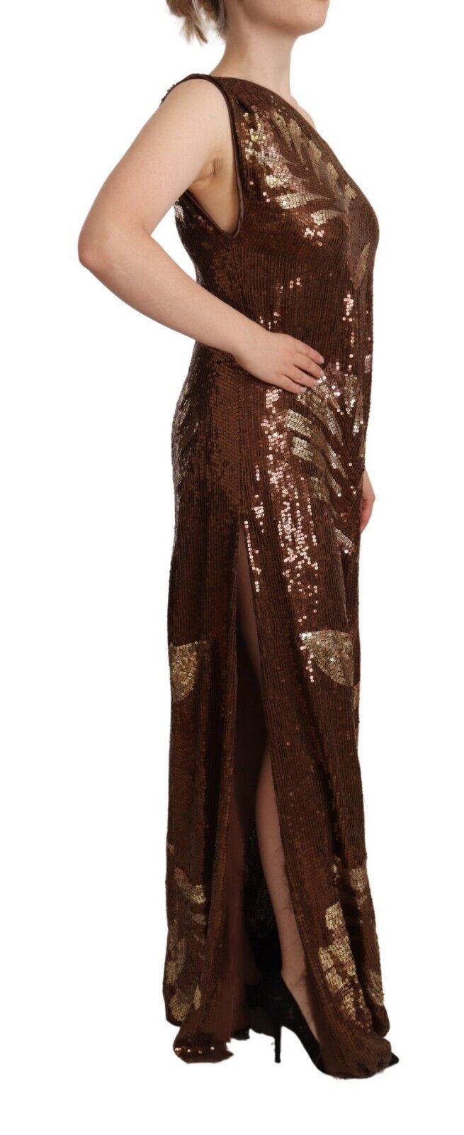 Dsquared² Braunes schulterfreies langes Shift-Kleid mit Paillettenblatt