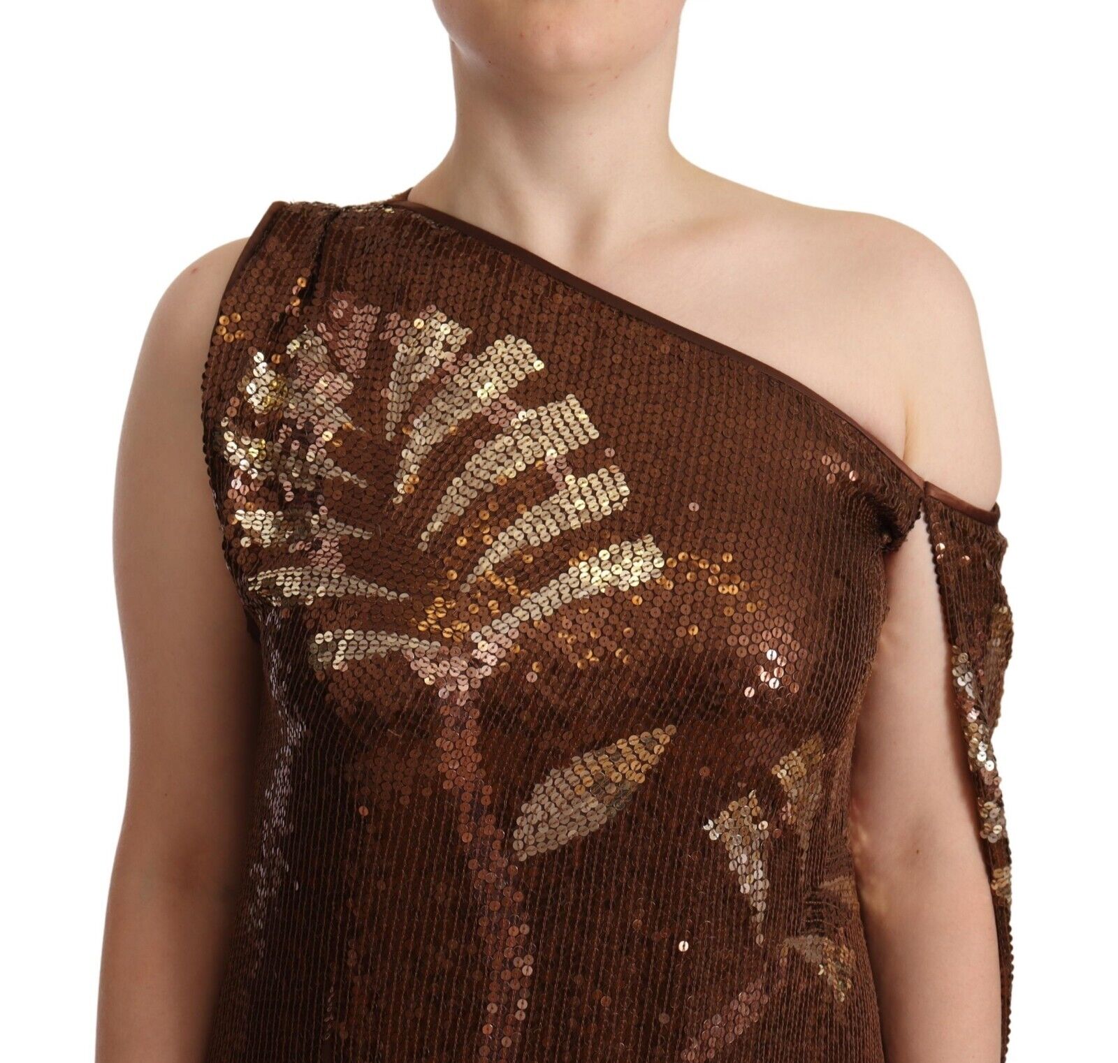 Dsquared² Braunes schulterfreies langes Shift-Kleid mit Paillettenblatt