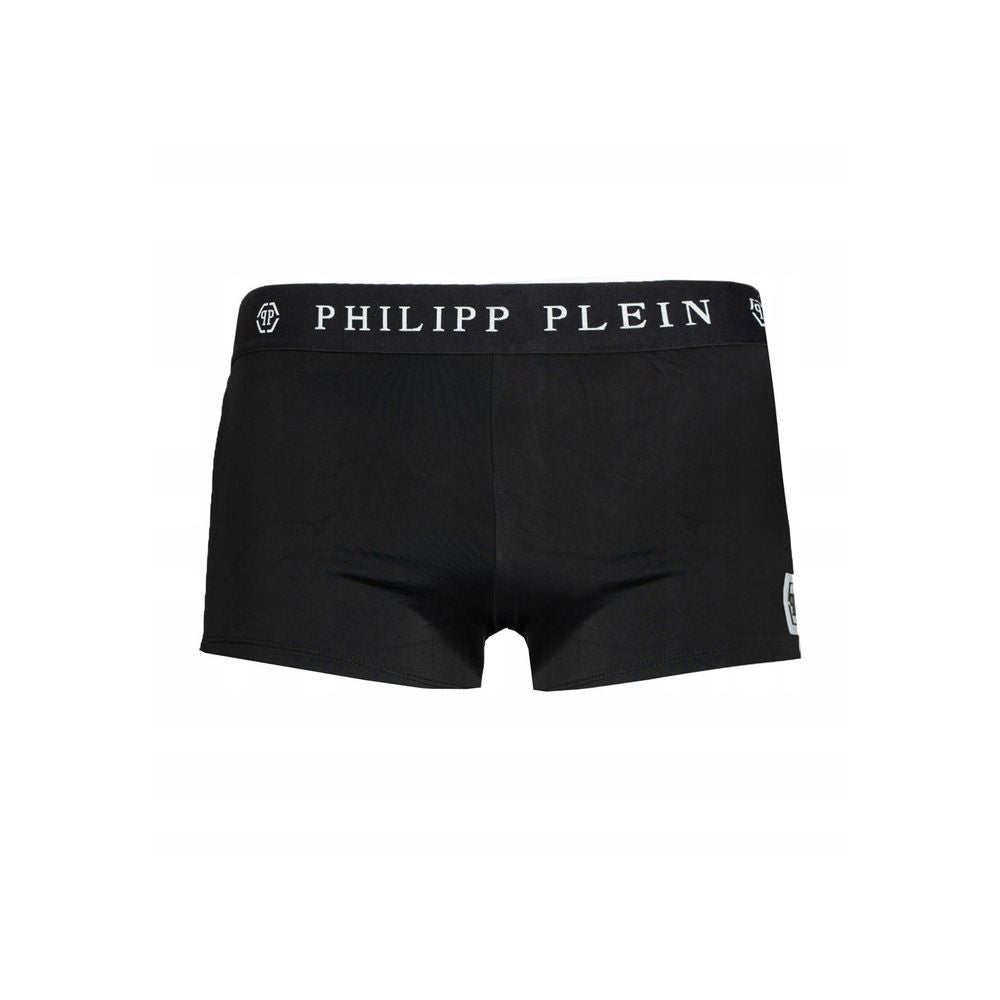 Black Polyamide Men's SwimwearEmbrace the essence of audacious luxury with this Philipp Plein men’s boxer swimwear. Crafted with a perfect blend of polyamide and elastane, it offers an impeccable fit and unwavering comfort. The bold black hue is accentuat