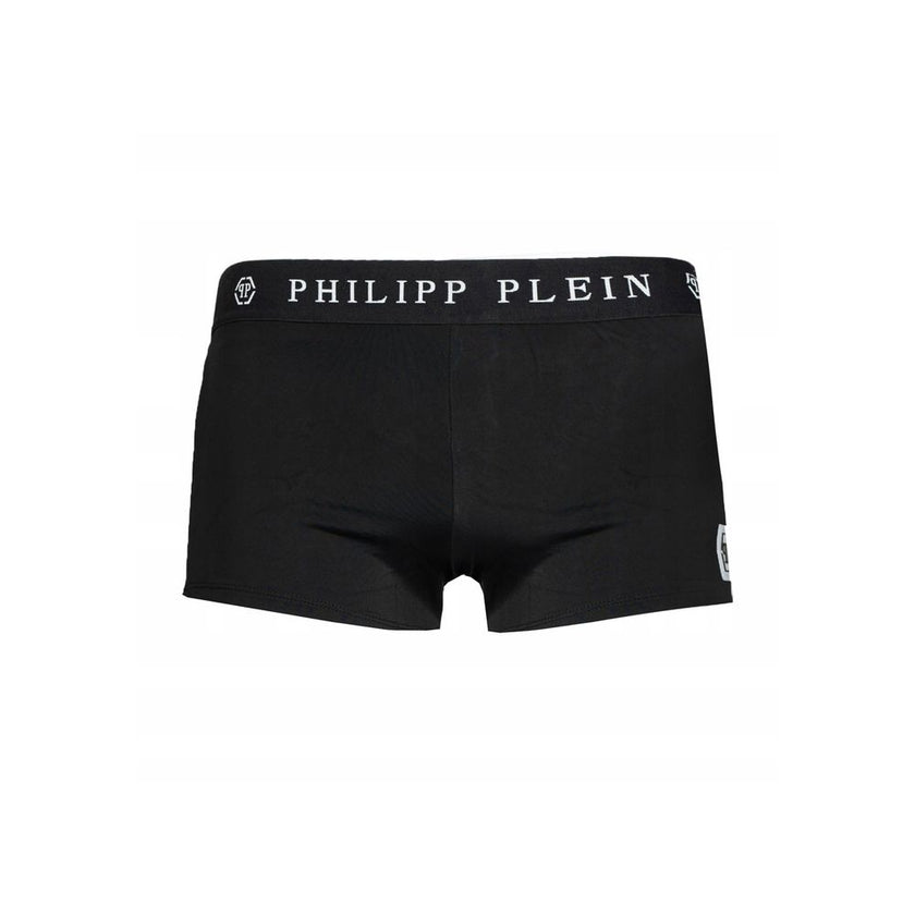 Black Polyamide Men's SwimwearEmbrace the essence of audacious luxury with this Philipp Plein men’s boxer swimwear. Crafted with a perfect blend of polyamide and elastane, it offers an impeccable fit and unwavering comfort. The bold black hue is accentuat